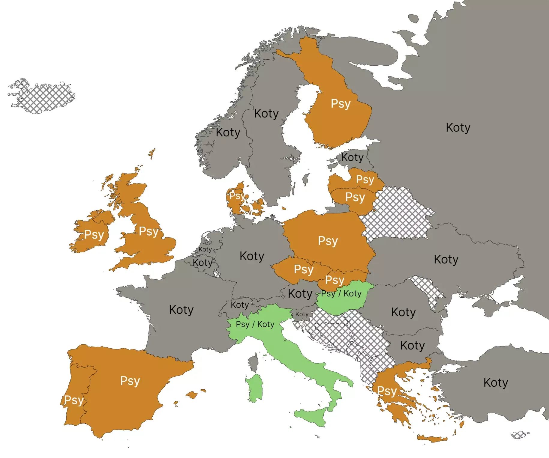 Mapa przedstawia, gdzie popularniejsze są psy, a gdzie koty