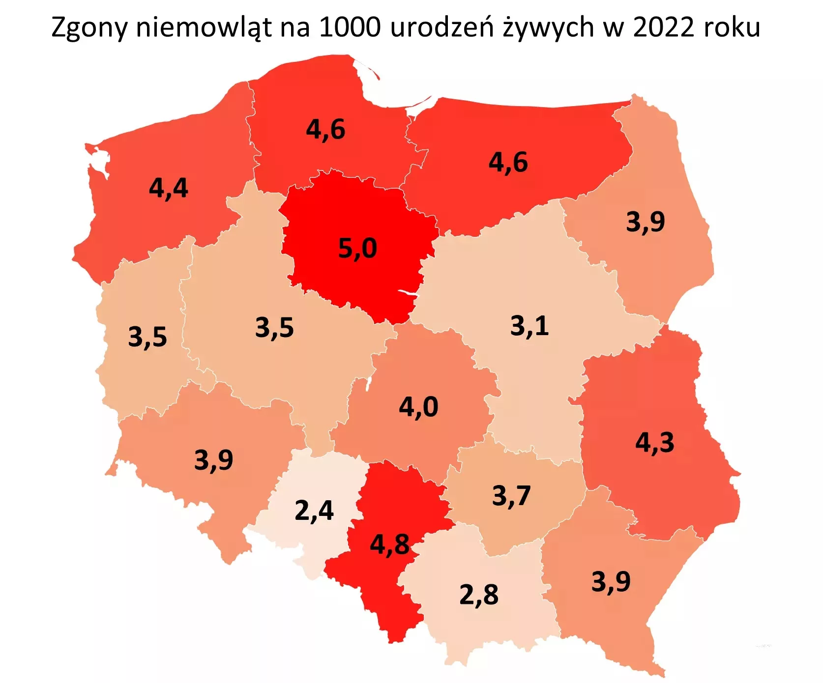 Mapa prezentuje wskaźnik zgonów niemowląt w Polsce w podziale na województwa