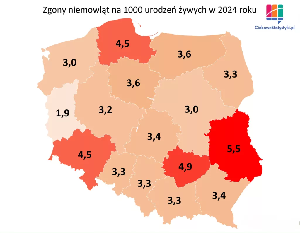 Wskaźnik zgonów niemowląt w Polsce wg województw