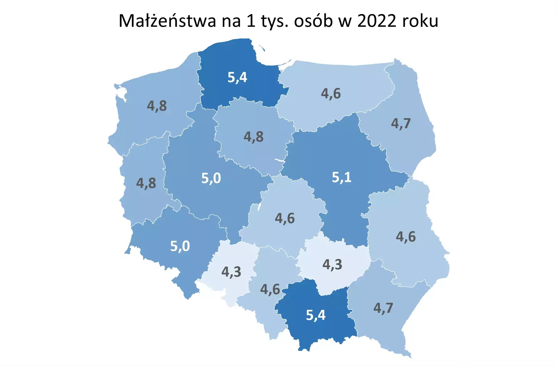 Mapa przedstawia wskaźnik zawierania małżeństw w poszczególnych województwach