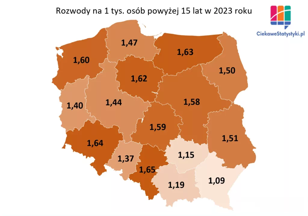 Wskaźnik rozwodów w Polsce na podstawie danych GUS przedstawiony na mapie