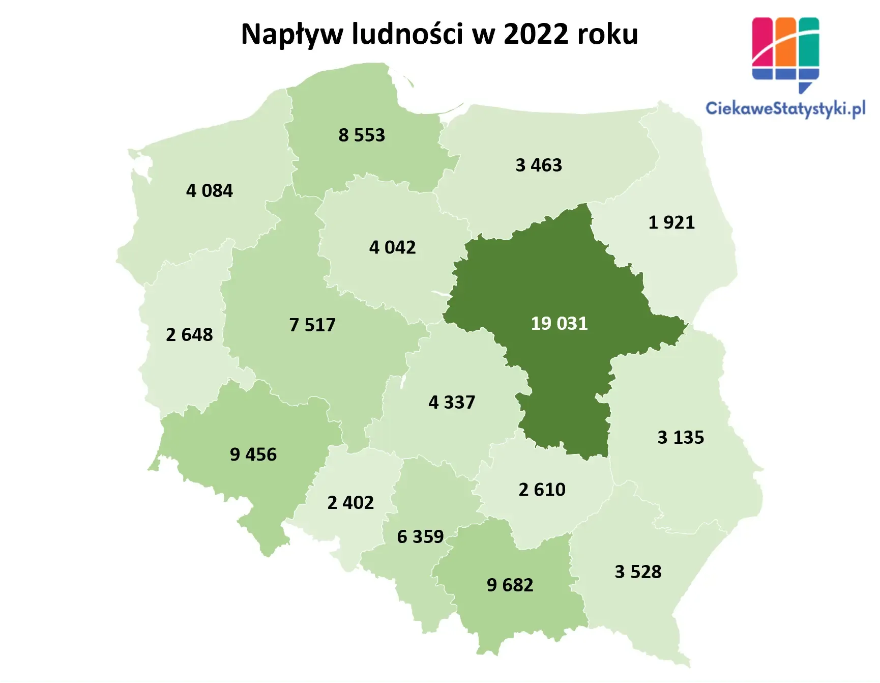Mapa pokazuje liczbę ludności, która przeniosła się do poszczególnych województw z innych województw w Polsce