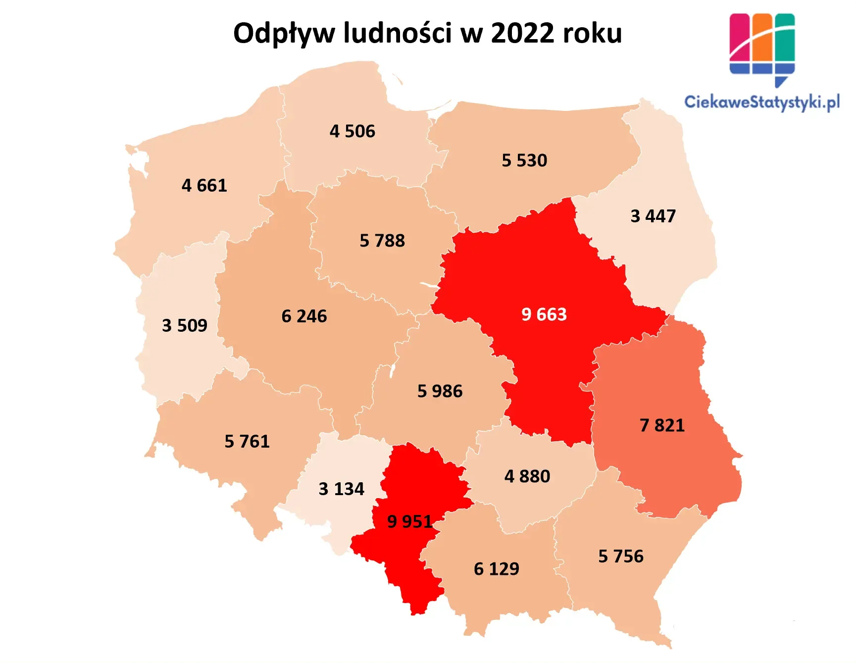 Mapa pokazuje liczbę ludności, która opuściła poszczególne województwa