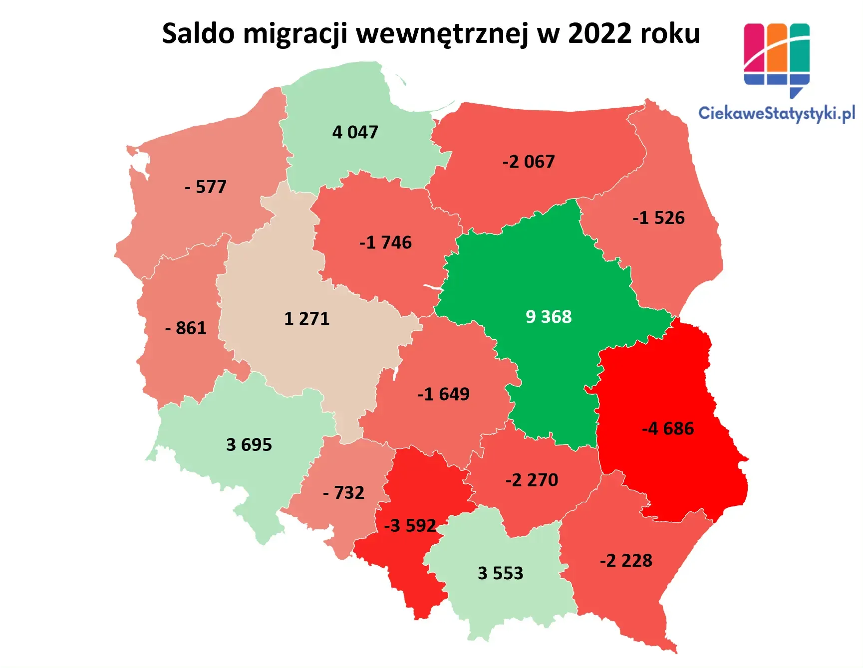 Mapa pokazuje saldo migracji wewnętrznych w Polsce