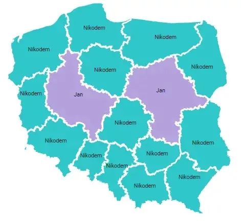 Mapa przedstawia najpopularniejsze imiona dla chłopców w poszczególnych województwach