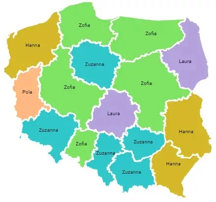 Mapa pokazuje jakie imiona dla dziewczynek były najpopularniejsze w poszczególnych województwach