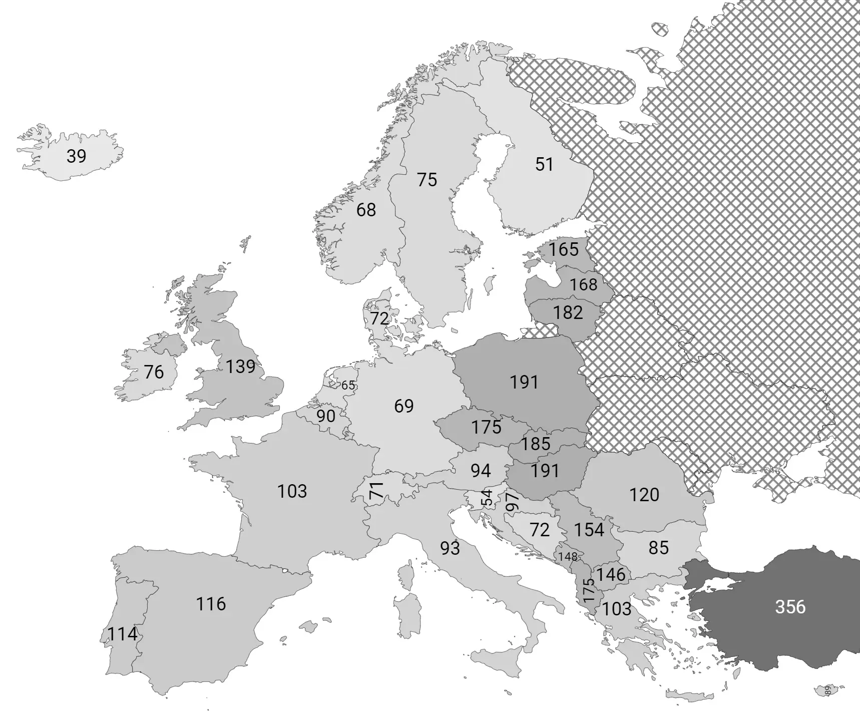Mapa przedstawia wskaźnik więźniów na 100 000 osób w Europie