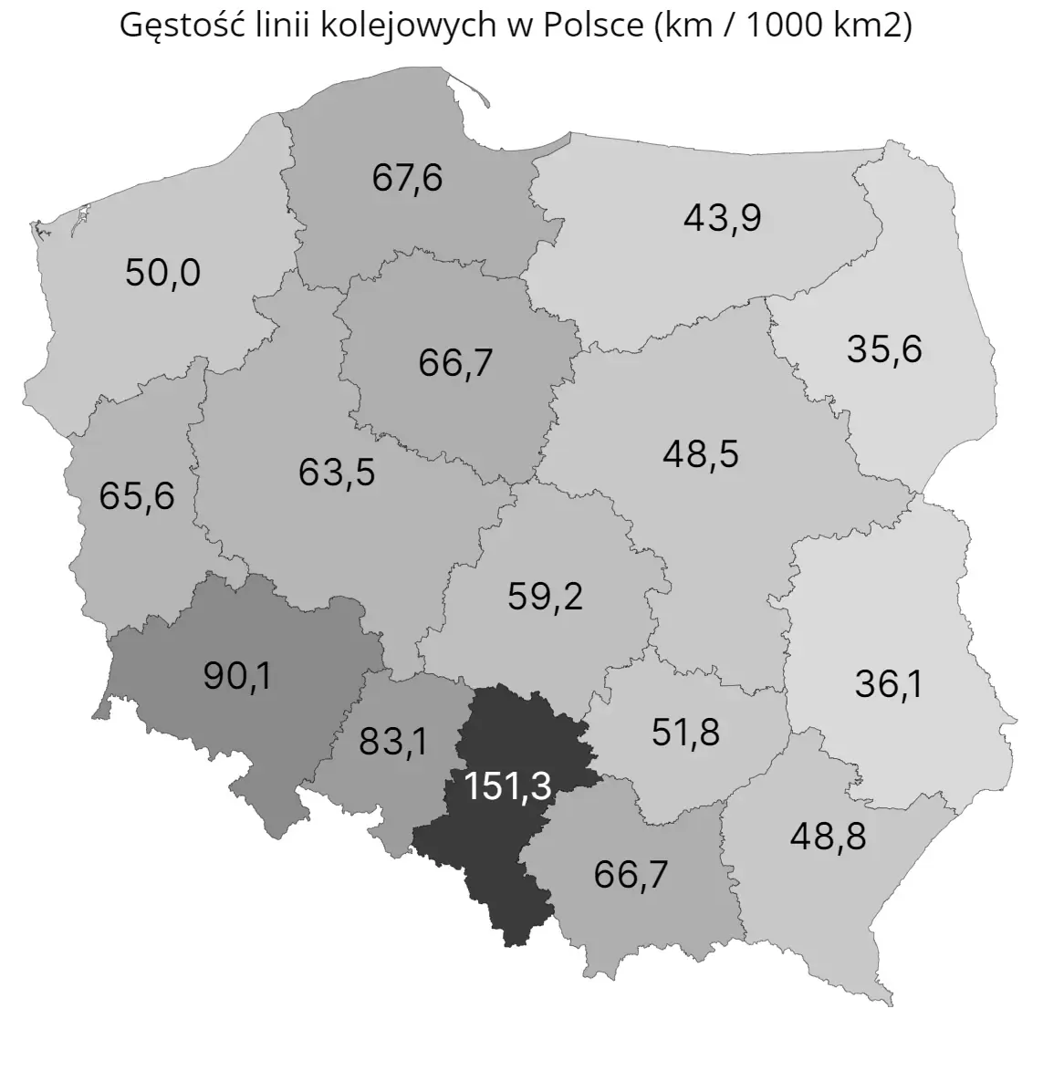 Mapa pokazuje gęstość linii kolejowych w Polsce w poszczególnych województwach