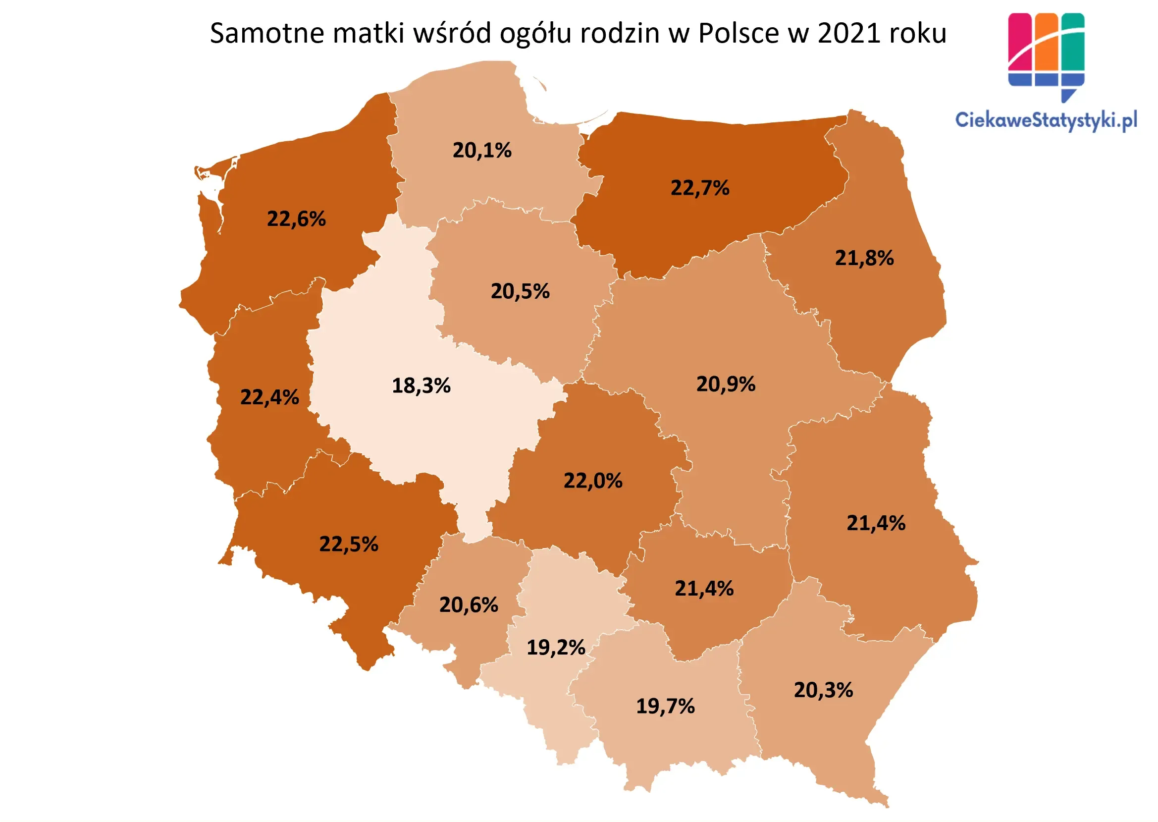 Mapa pokazuje odsetek samotnych matek w podziale na województwa