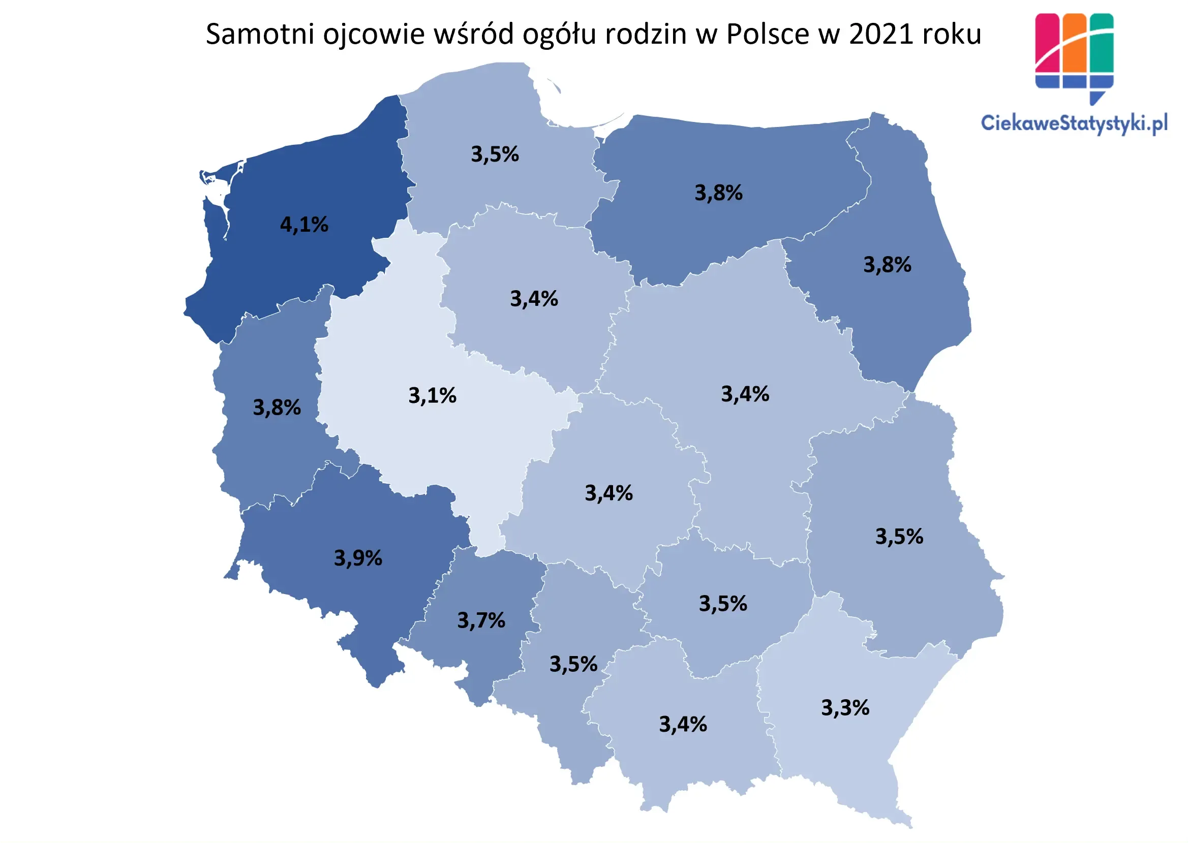 Mapa przedstawia odsetek samotnych ojców w poszczególnych województwach