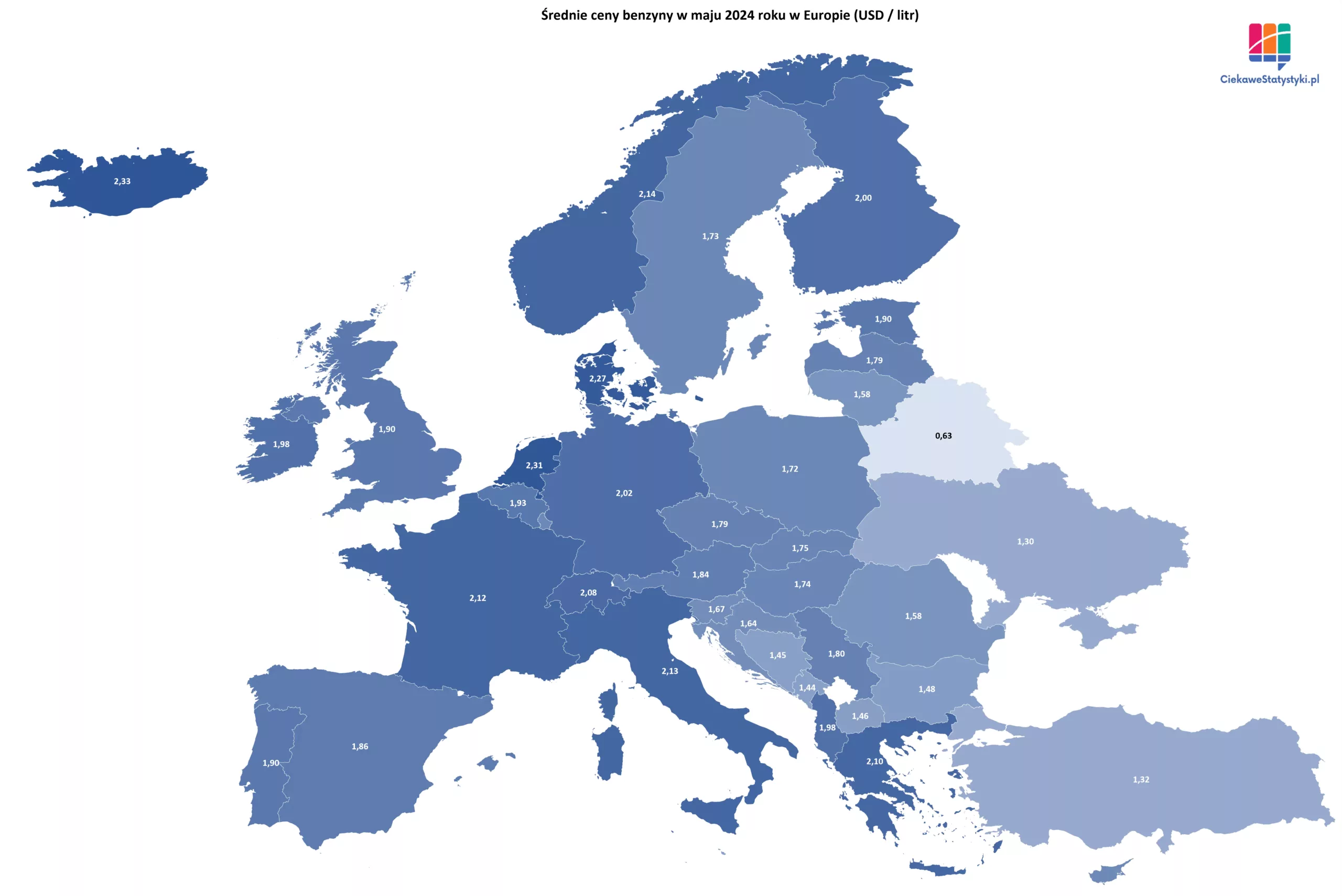Mapa przedstawia średnie ceny benzyny w poszczególnych krajach Europy