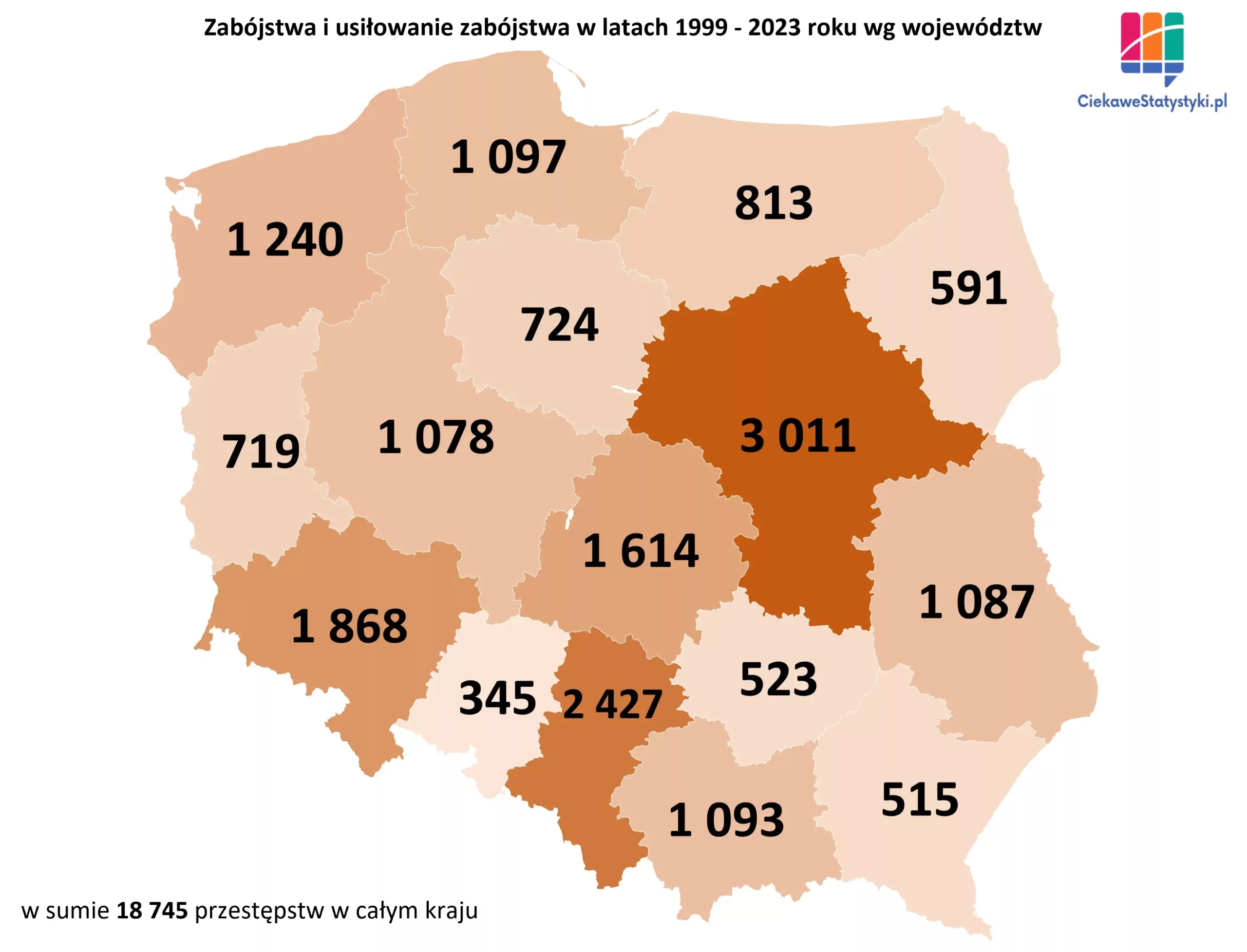 Mapa pokazuje liczbę zabójstw w Polsce na przestrzeni lat w podziale na województwa