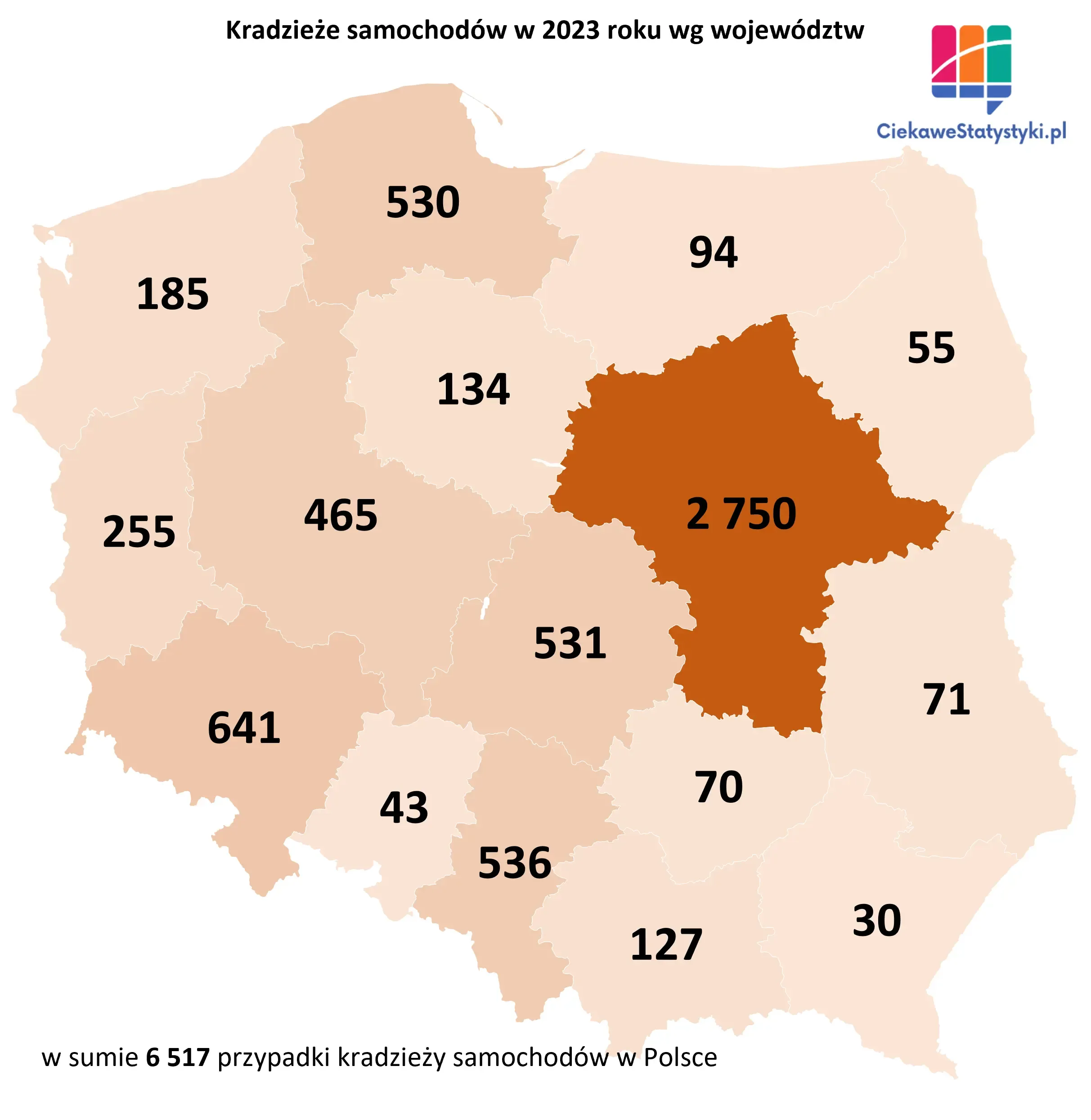 Mapa przedstawia liczbę kradzieży samochodów w Polsce w poszczególnych województwach