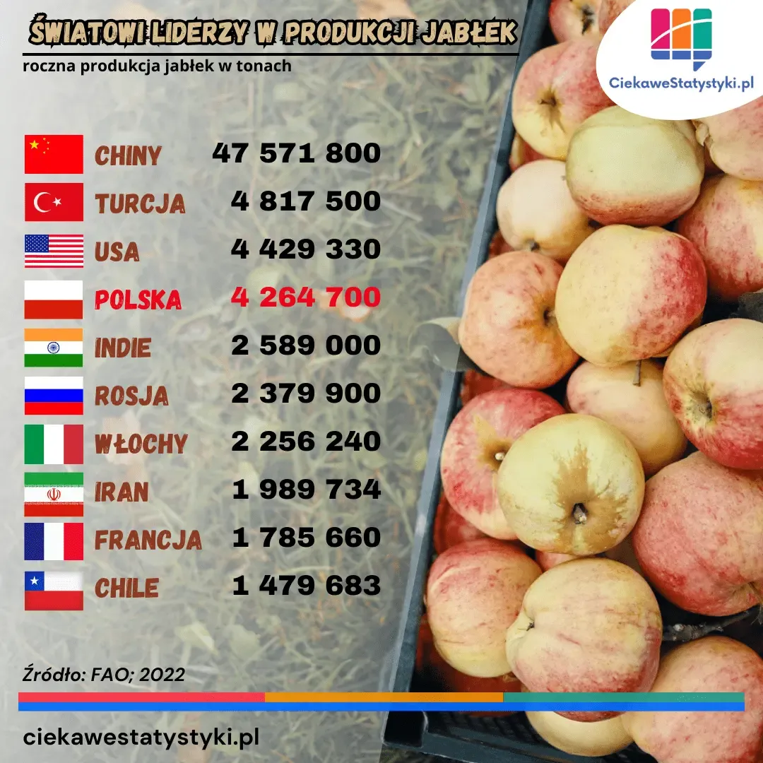 Najwięksi producenci jabłek na świecie Infografika przedstawia kraje, które są największymi producentami jabłek na świecie