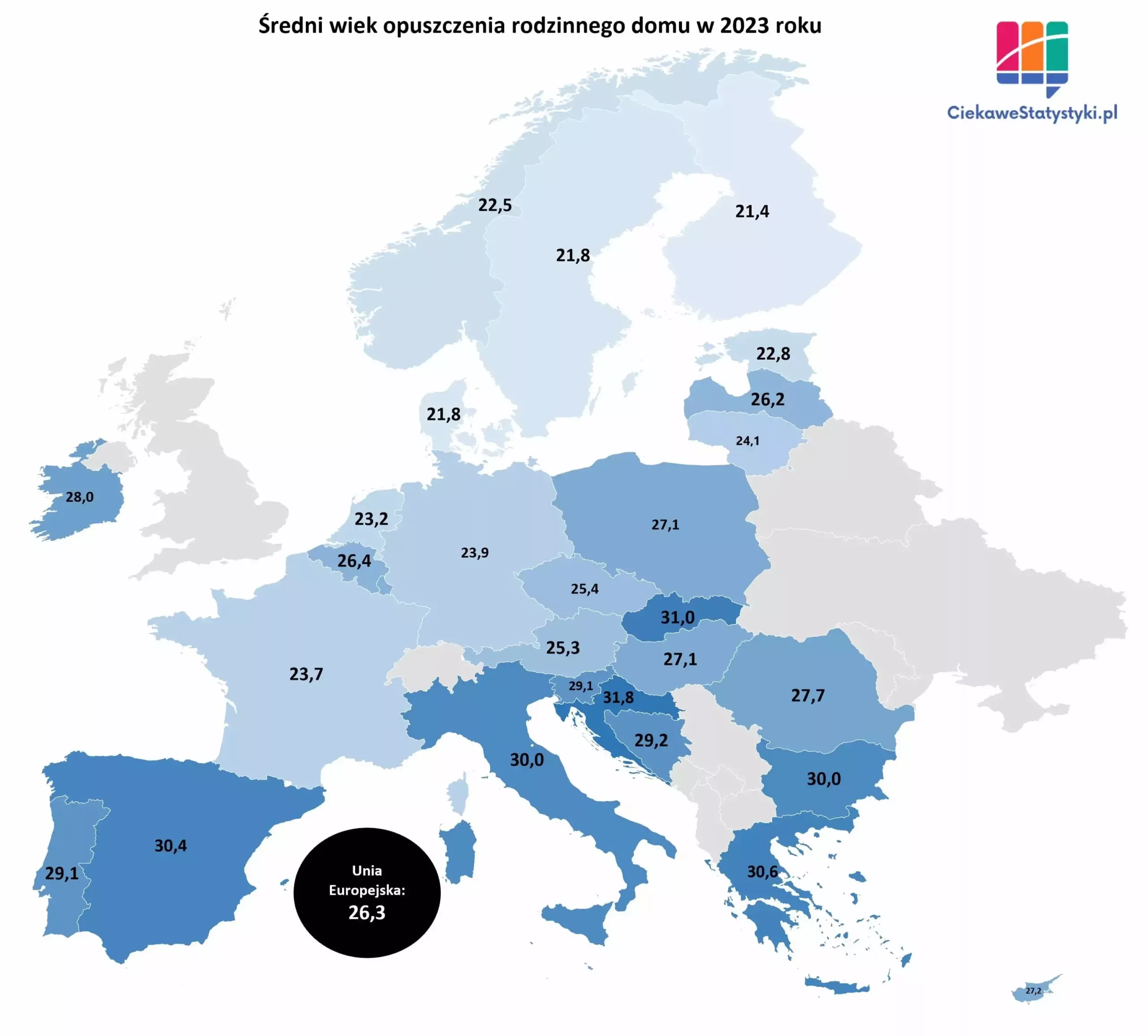 Średni wiek opuszczania rodzinnego domu w Europie Mapa przedstawia w jakim wieku z rodzinnego domu wyprowadzali się europejczycy