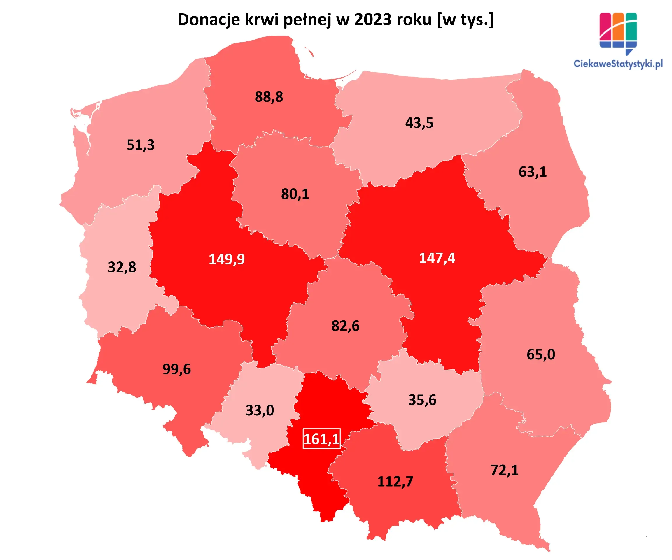 Mapa prezentuje liczbę donacji krwi pełnej w poszczególnych województwach w Polsce w 2023 roku