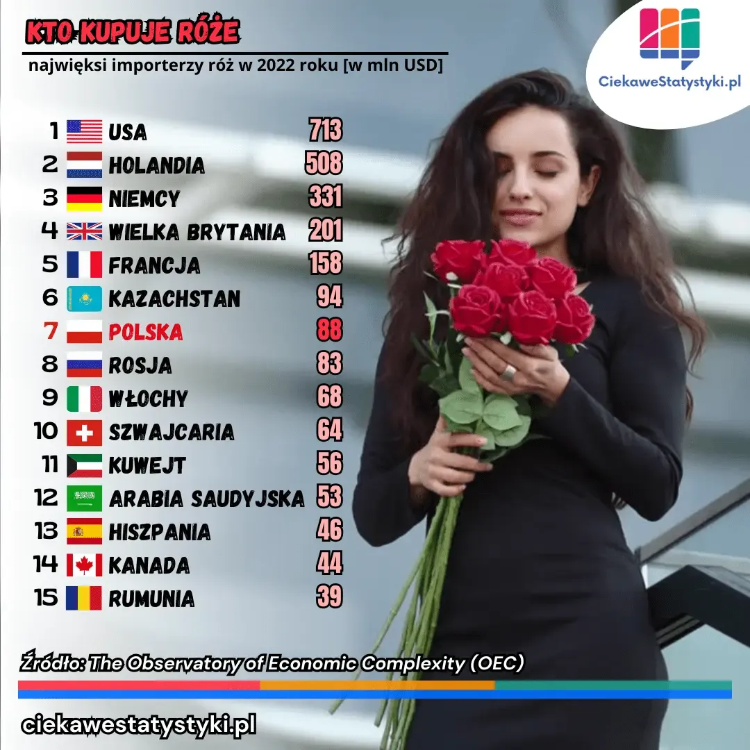 Grafika przedstawia światowych liderów w imporcie róż