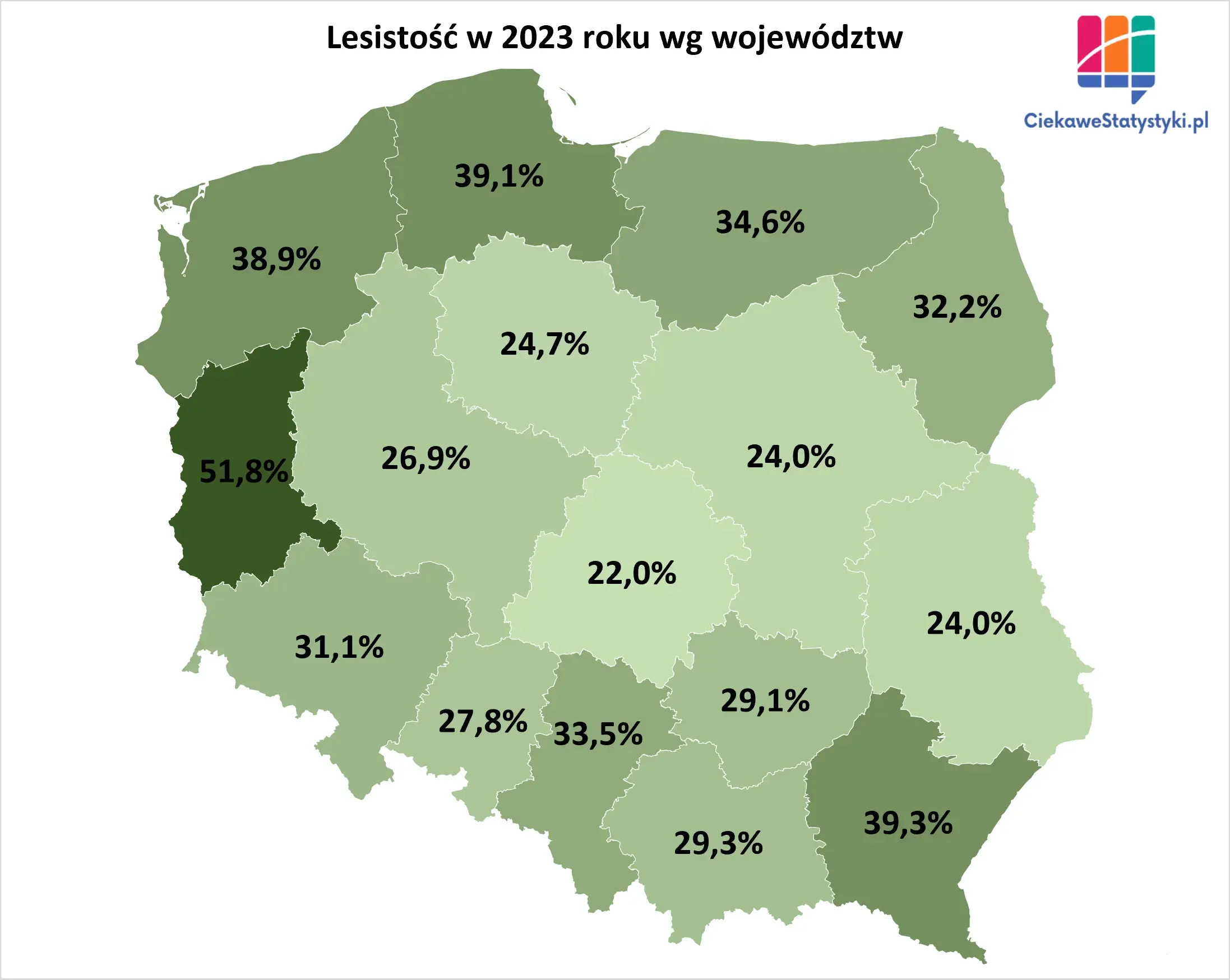 Mapa prezentuje wskaźnik lesistości Polski w podziale na województwa