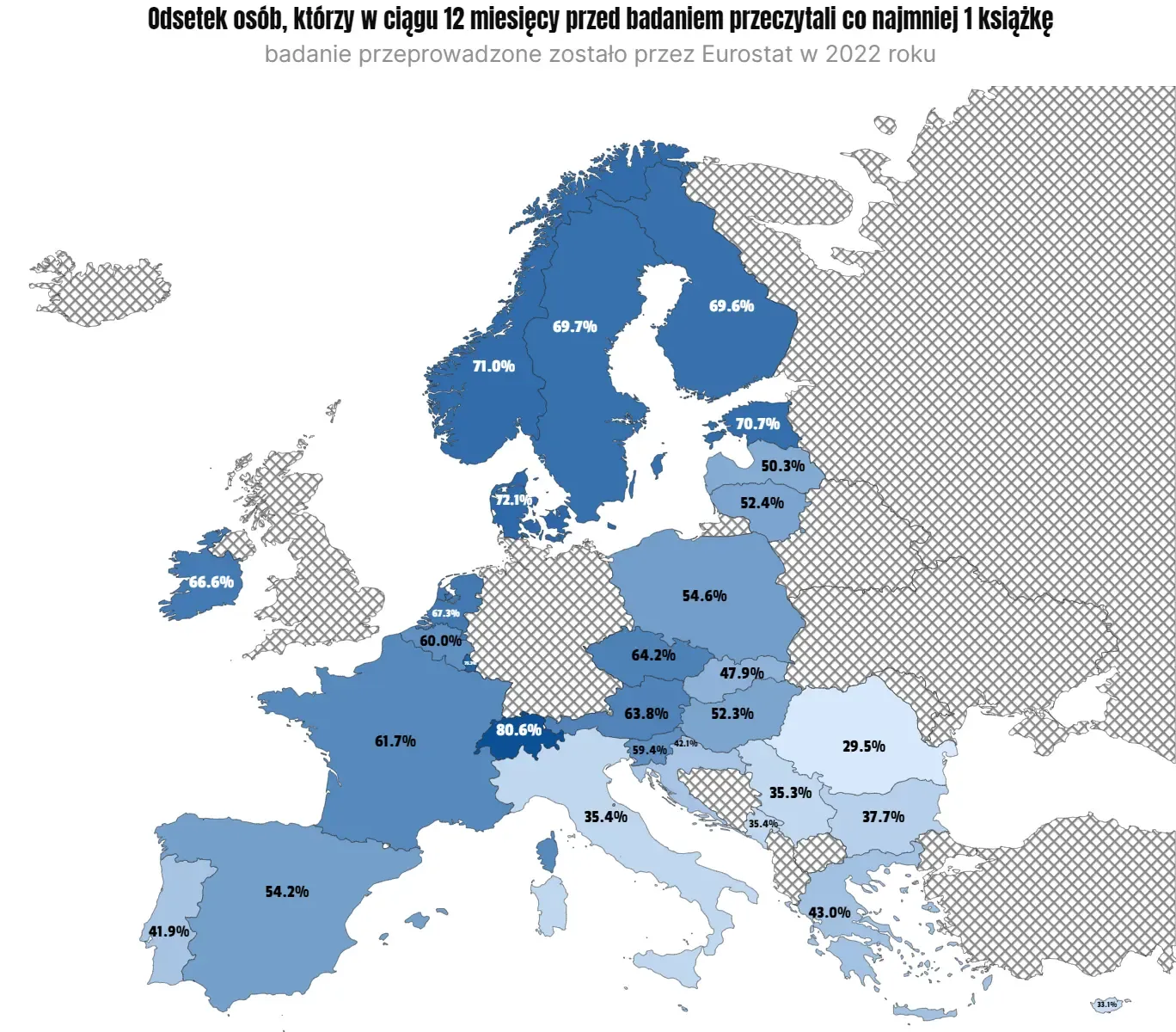 Mapa pokazuje odsetek osób w poszczególnych krajach Europy, które w ciągu 12 miesięcy poprzedzających badanie przeczytały co najmniej jedną książkę