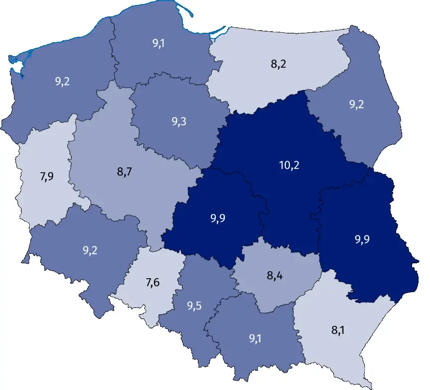 Mapa przedstawia średnią liczbę porad ambulatoryjnych na osobę w Polsce w ciągu roku w podziale na województwa, czyli jak często Polacy odwiedzają lekarza