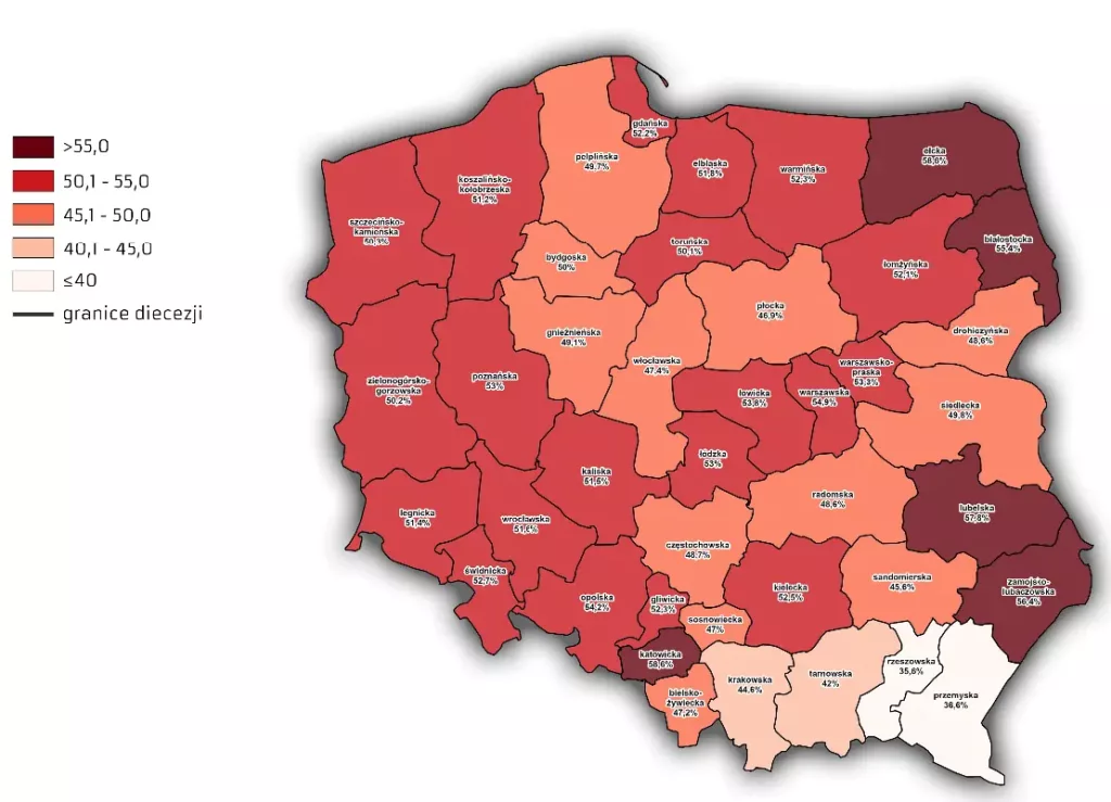 Mapa Polski prezentuje wskaźnik communicantes względny