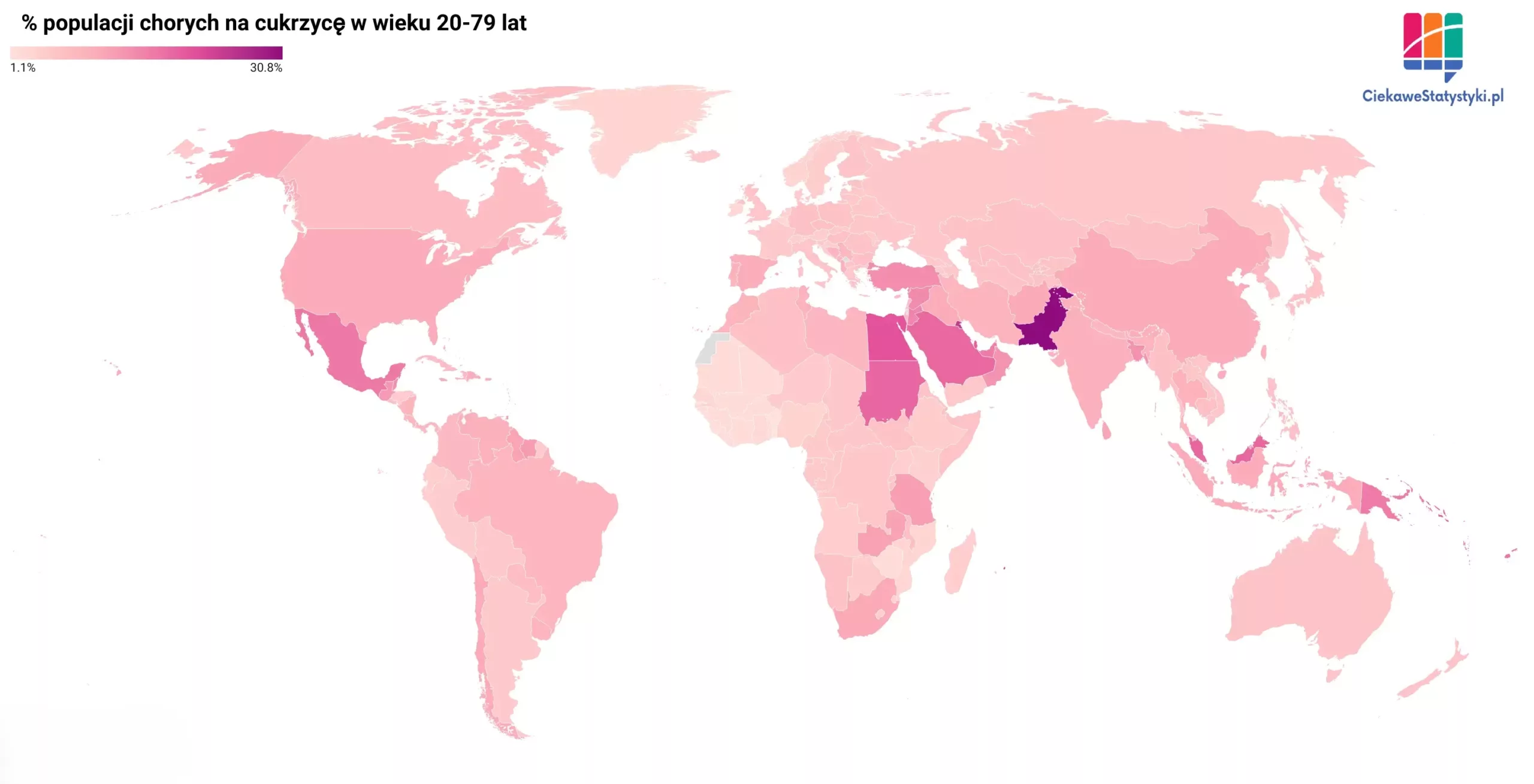 Mapa świata przedstawia odsetek osób chorych na cukrzycę