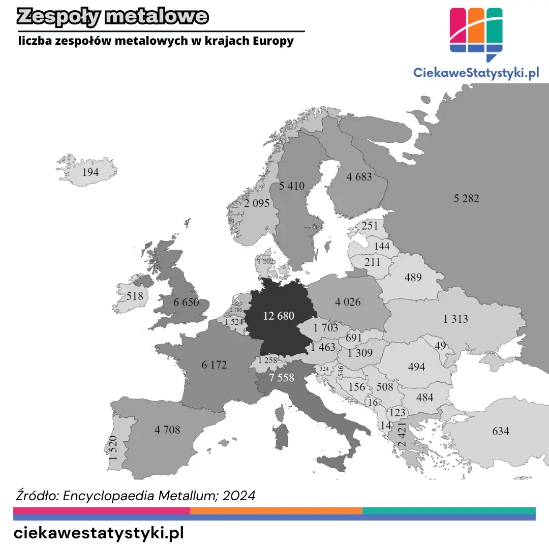 Mapa przedstawia liczbę zespołów metalowych w Polsce i w pozostałych krajach Europy