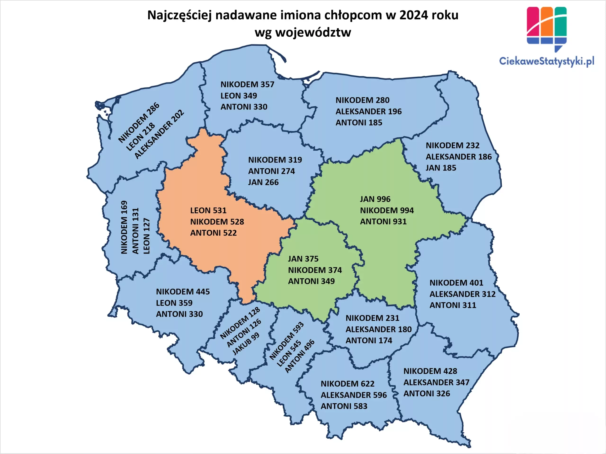 Mapa prezentuje najczęściej nadawane imiona chłopcom w Polsce w podziale na województwa