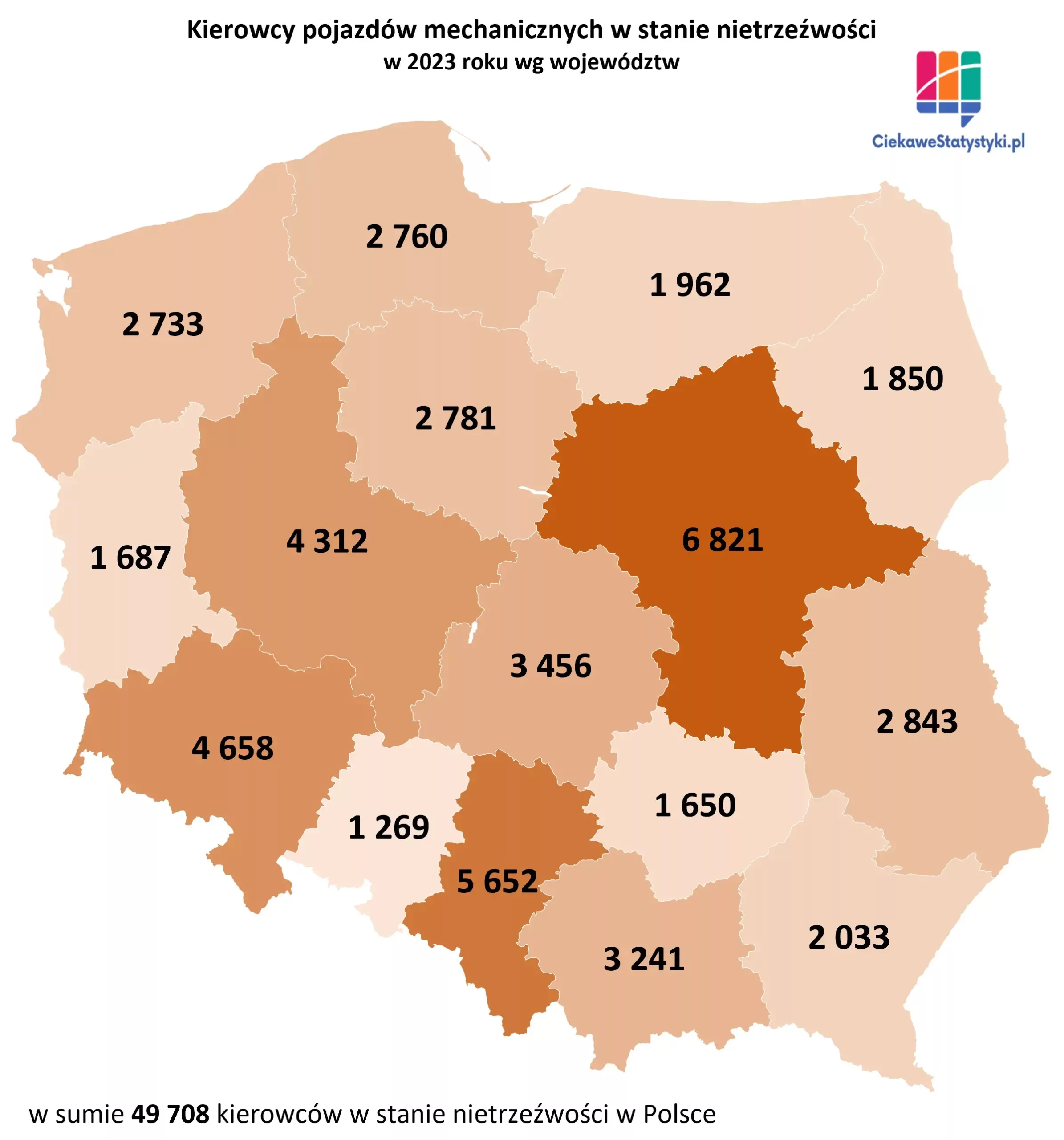 Mapa przedstawia, w którym województwie w Polsce jest najwięcej nietrzeźwych kierowców