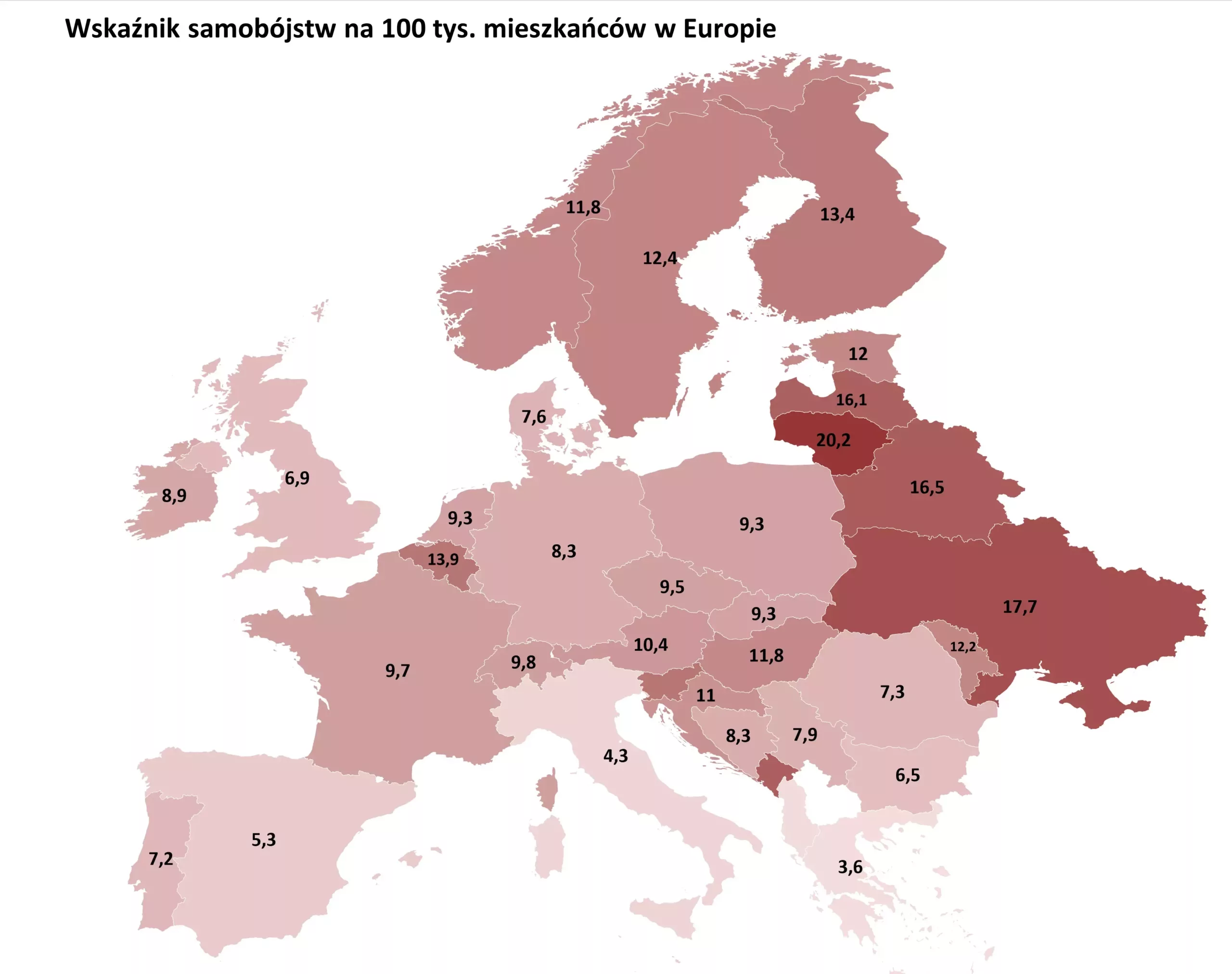 Mapa pokazuje gdzie w Europie popełnia się najwięcej samobójstw w przeliczeniu na 100 tysięcy mieszkańców