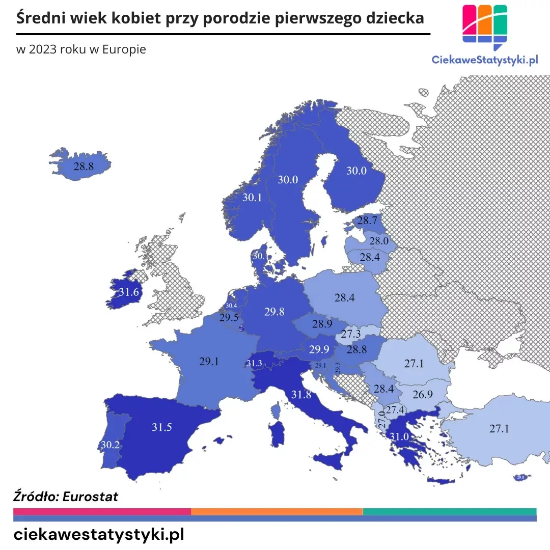 Mapa pokazuje w jakim średnim wieku kobiety w Europie rodzą pierwsze dziecko