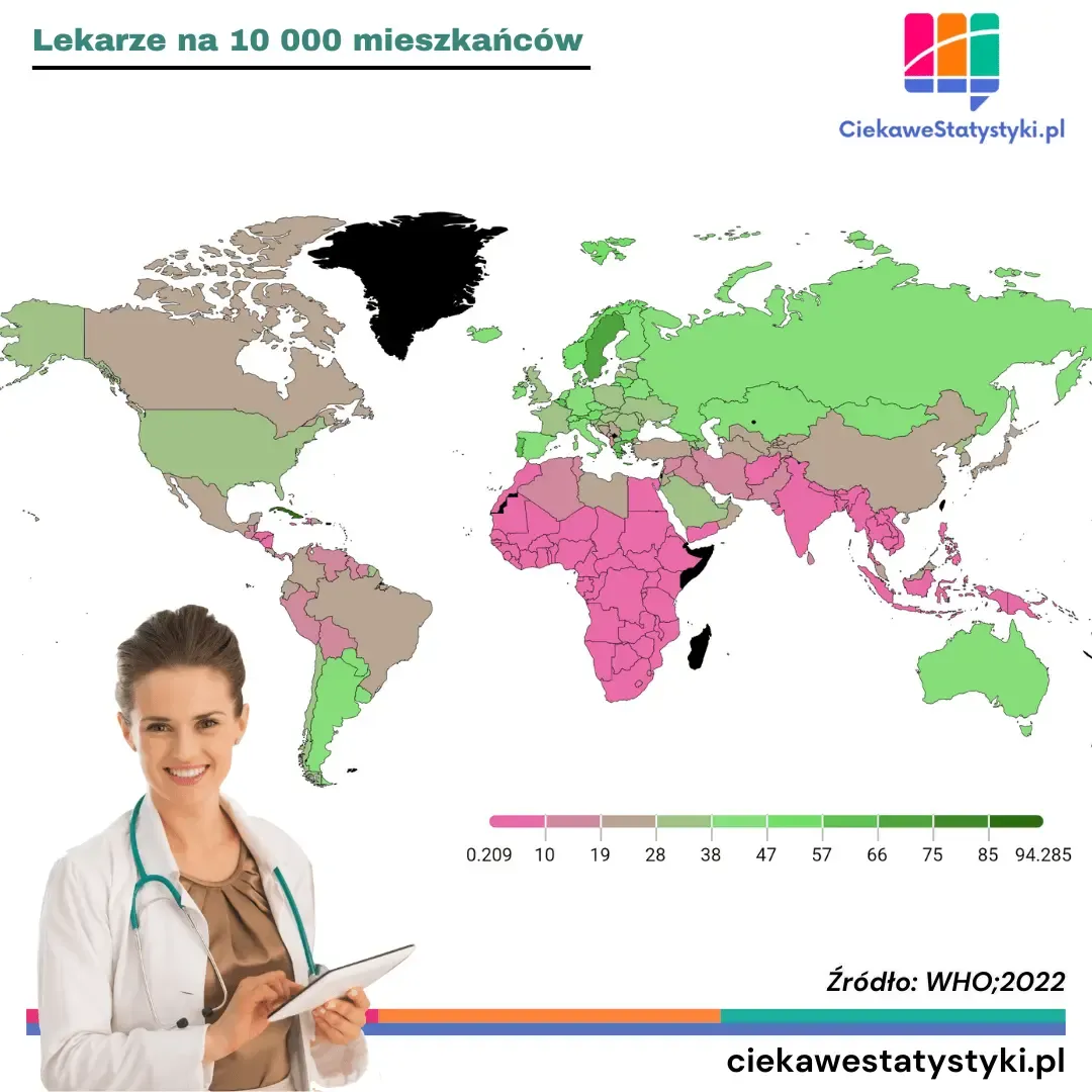 Mapa przedstawia zagęszczenie lekarzy w krajach świata, czyli państwa z najwyższą i najniższą liczbą lekarzy w przeliczeniu na mieszkańca