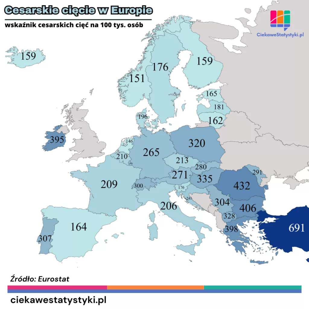 Wskaźnik cesarskich cięć w Europie Wskaźnik cesarskich cięć na 100 tys. mieszkańców w krajach Europy w 2023 roku (Eurostat)