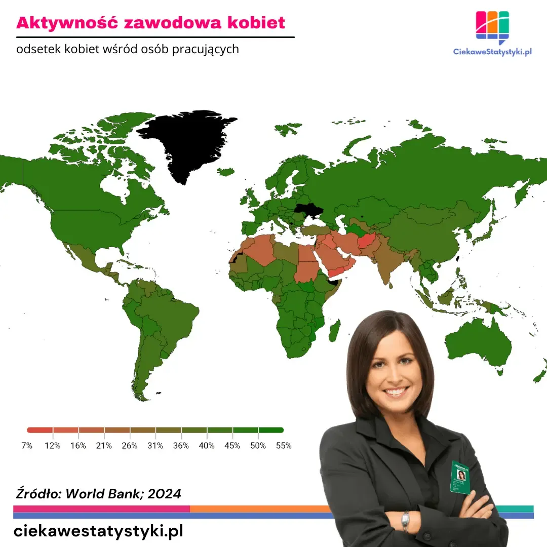 Mapa przedstawia odsetek kobiet wśród osób pracujących w krajach świata