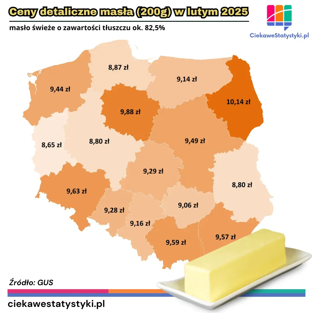 Mapa Polski prezentuje ceny kostki masła w 2025 roku w podziale na województwa