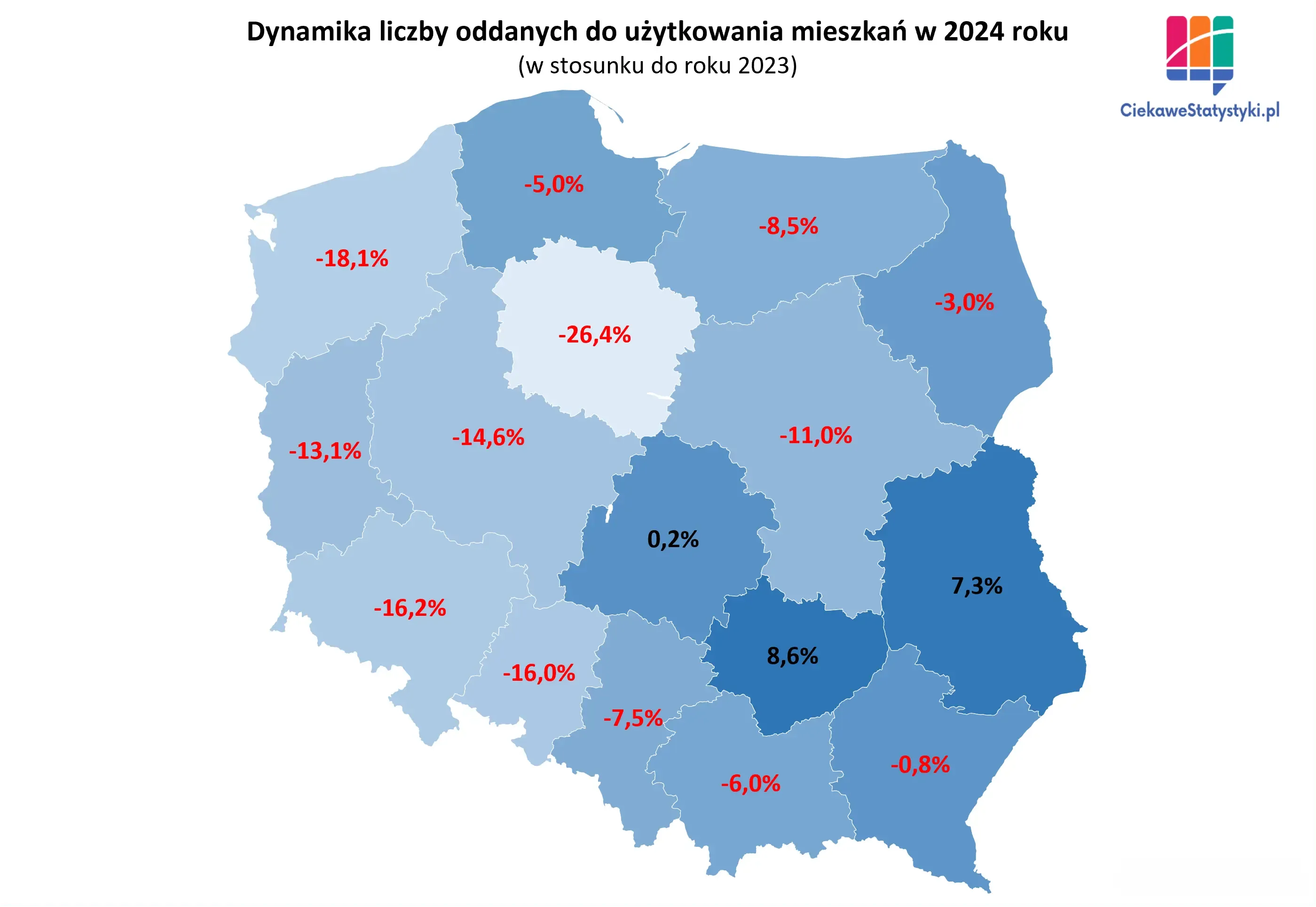 Dynamika liczby ukończonych mieszkań Mapa prezentuje dynamikę budownictwa mieszkaniowego w Polsce w poszczególnych województwach