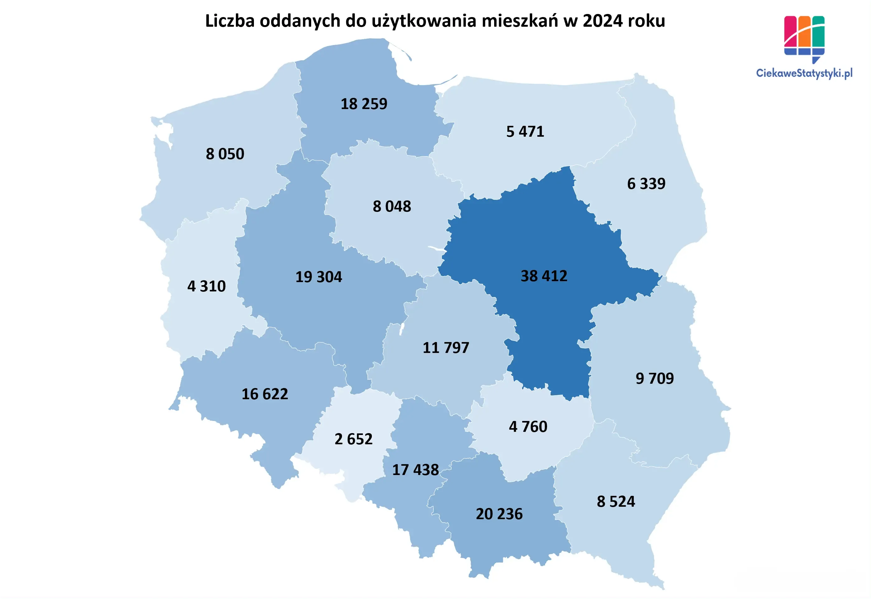 Liczba wybudowanych mieszkań wg województwa Mapa Polski przedstawia liczbę wybudowanych mieszkań w każdym województwie