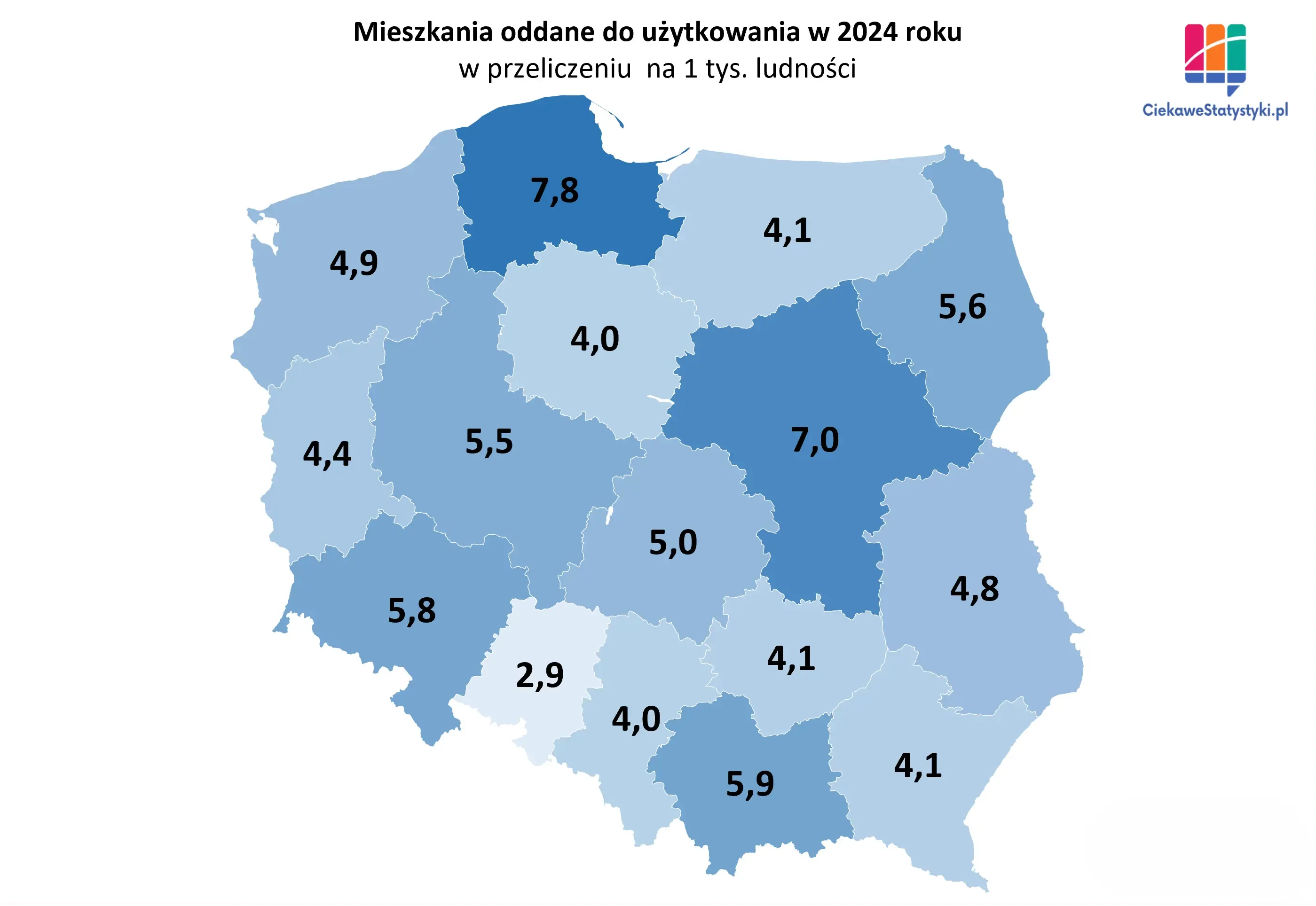 Mieszkania wybudowane w Polsce w przeliczeniu na 1 tys. osób Mapa Polski pokazuje ile mieszkań w przeliczeniu na tysiąc mieszkańców wybudowano w poszczególnych województwach