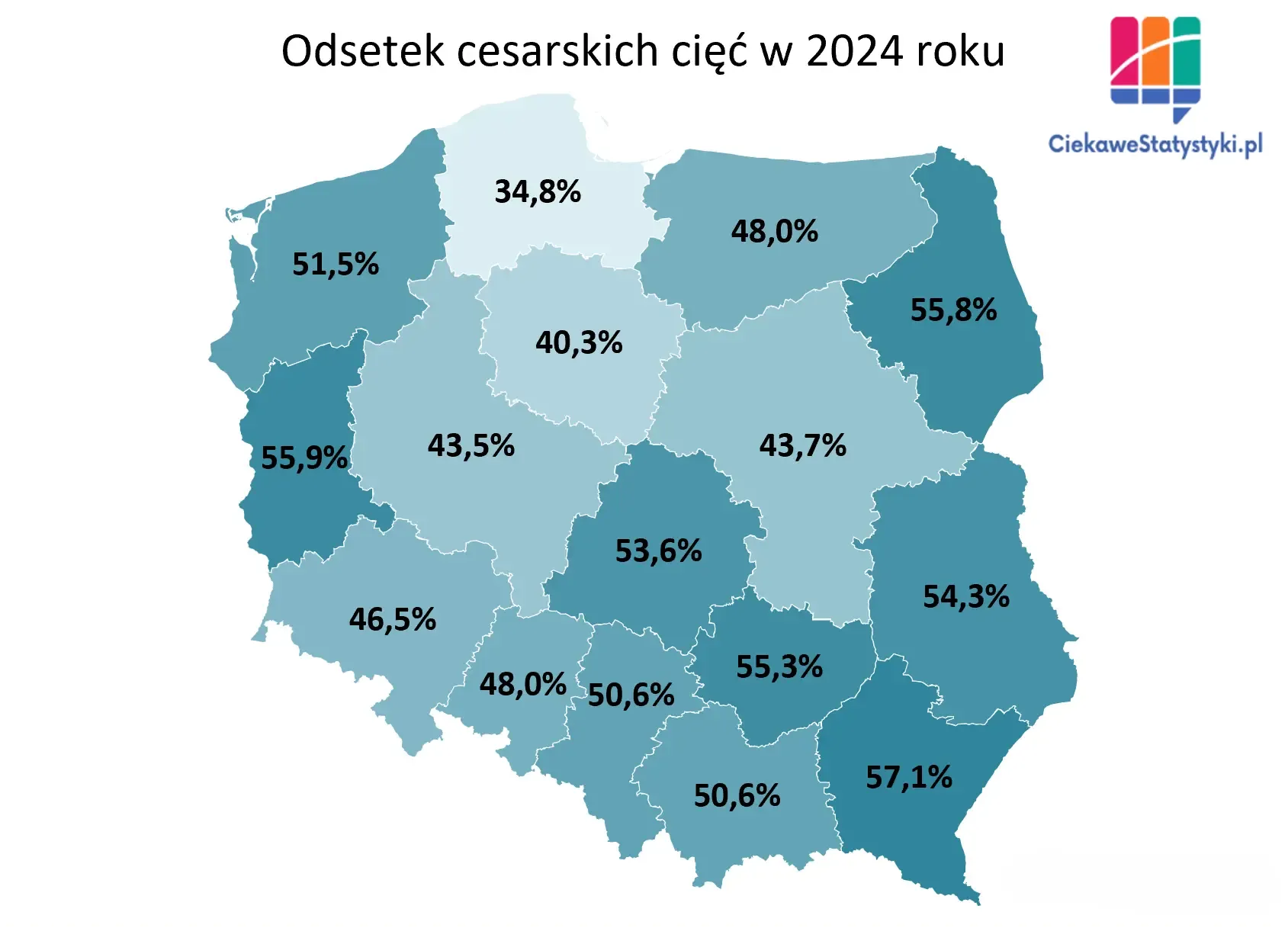 Mapa Polski przedstawia odsetek cesarskich cięć wykonywanych w województwach