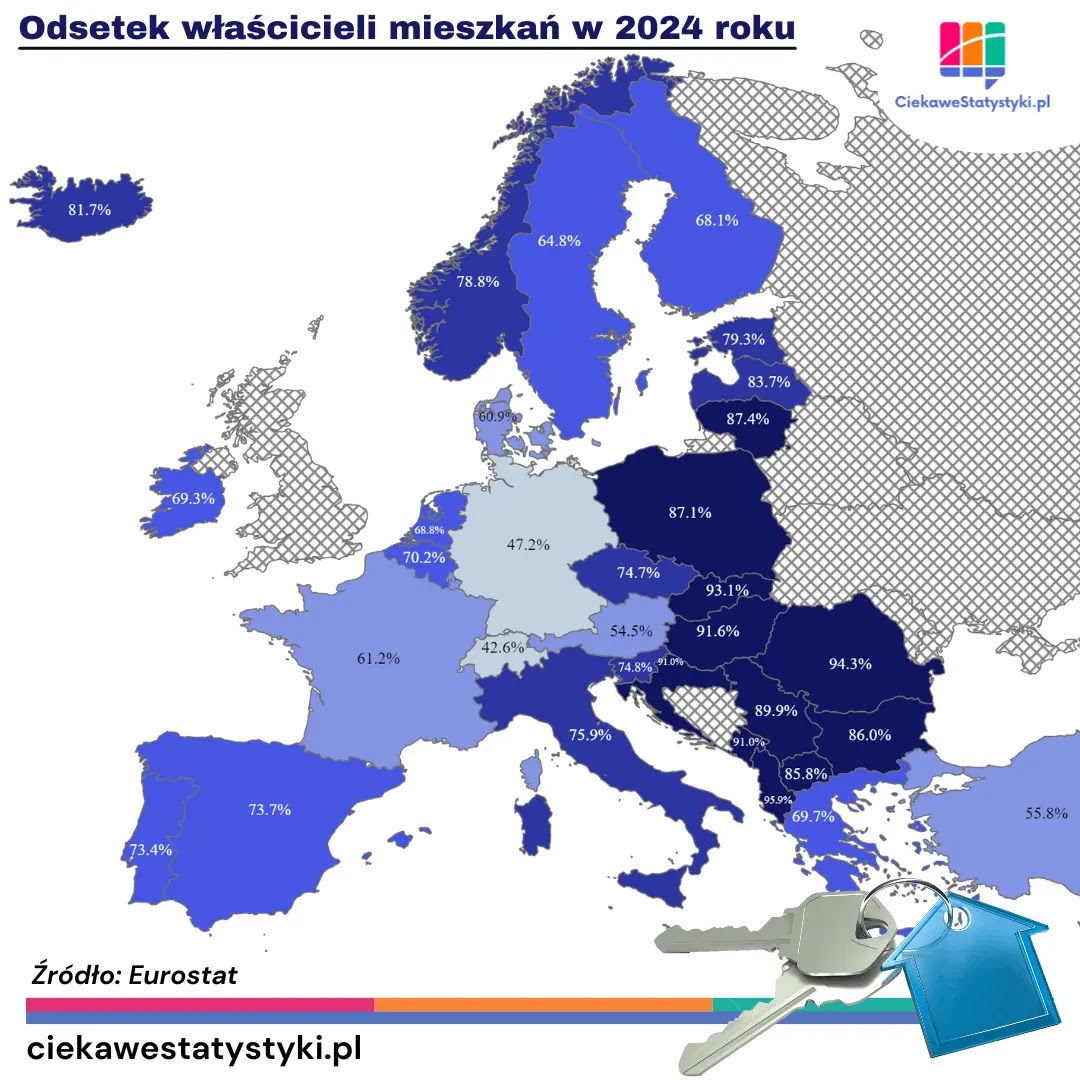 Mapa przedstawia ile osób mieszka w swoich mieszkaniach w Polsce i w Europie