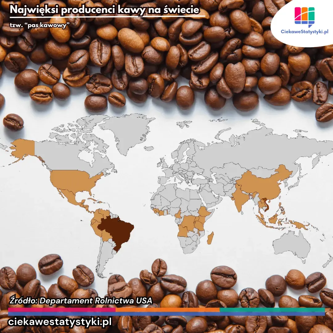 Mapa przedstawia producentów kawy w tzw. coffee belt, czyli pas kawowy
