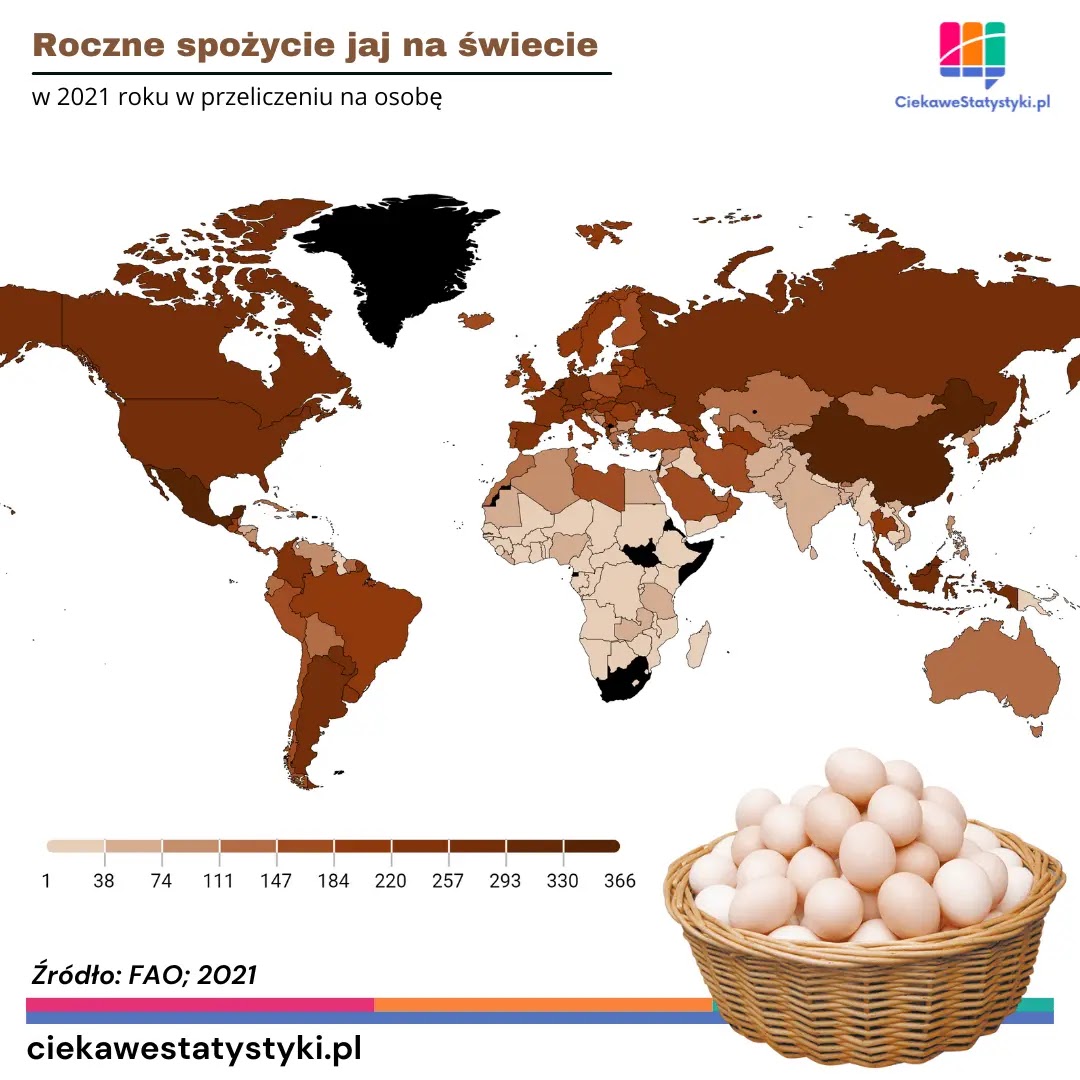 Mapa świata przedstawia ile średnio jajek zjada się w ciągu roku