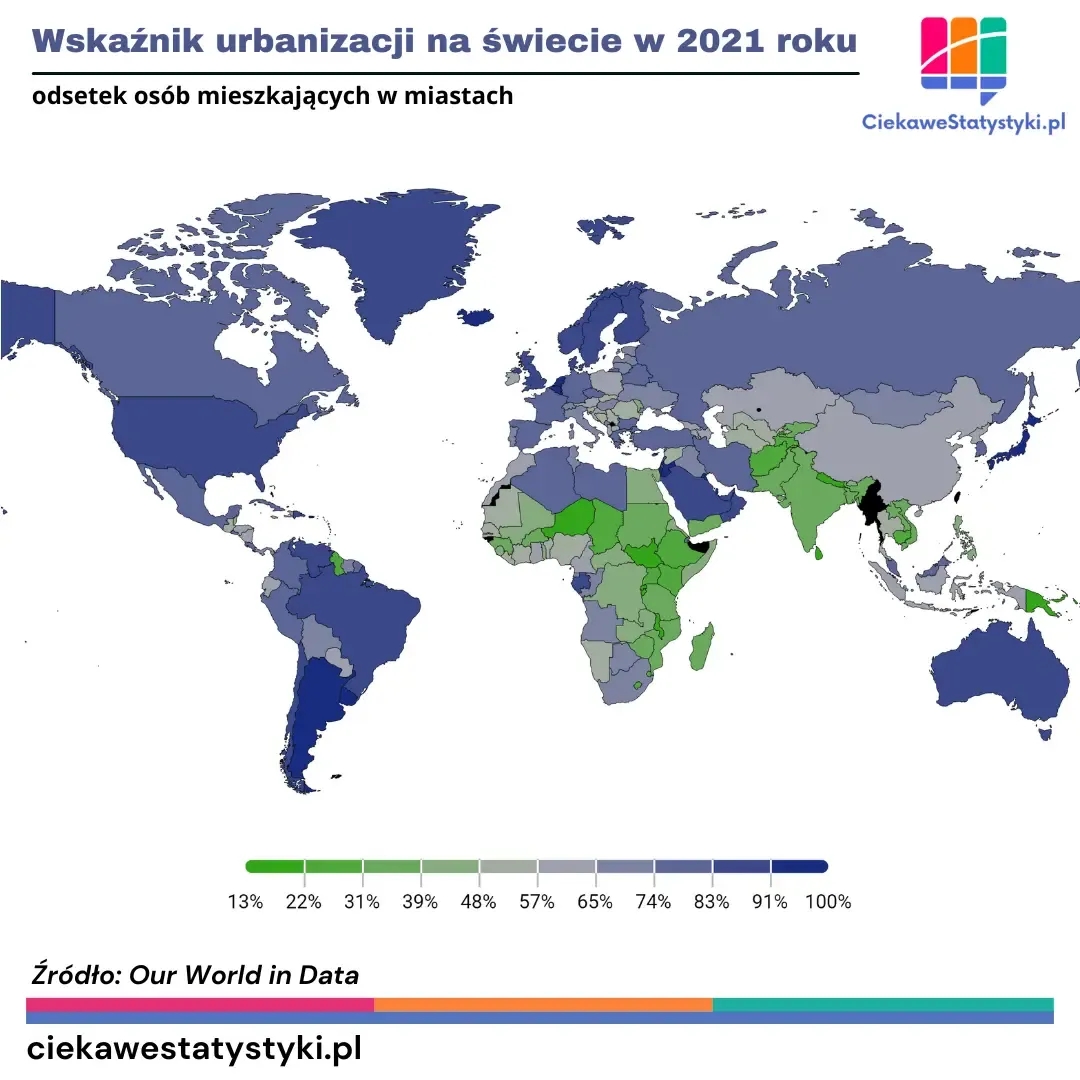 Wskaźnik urbanizacji na świecie Mapa świata przedstawia wskaźnik urbanizacji w poszczególnych krajach