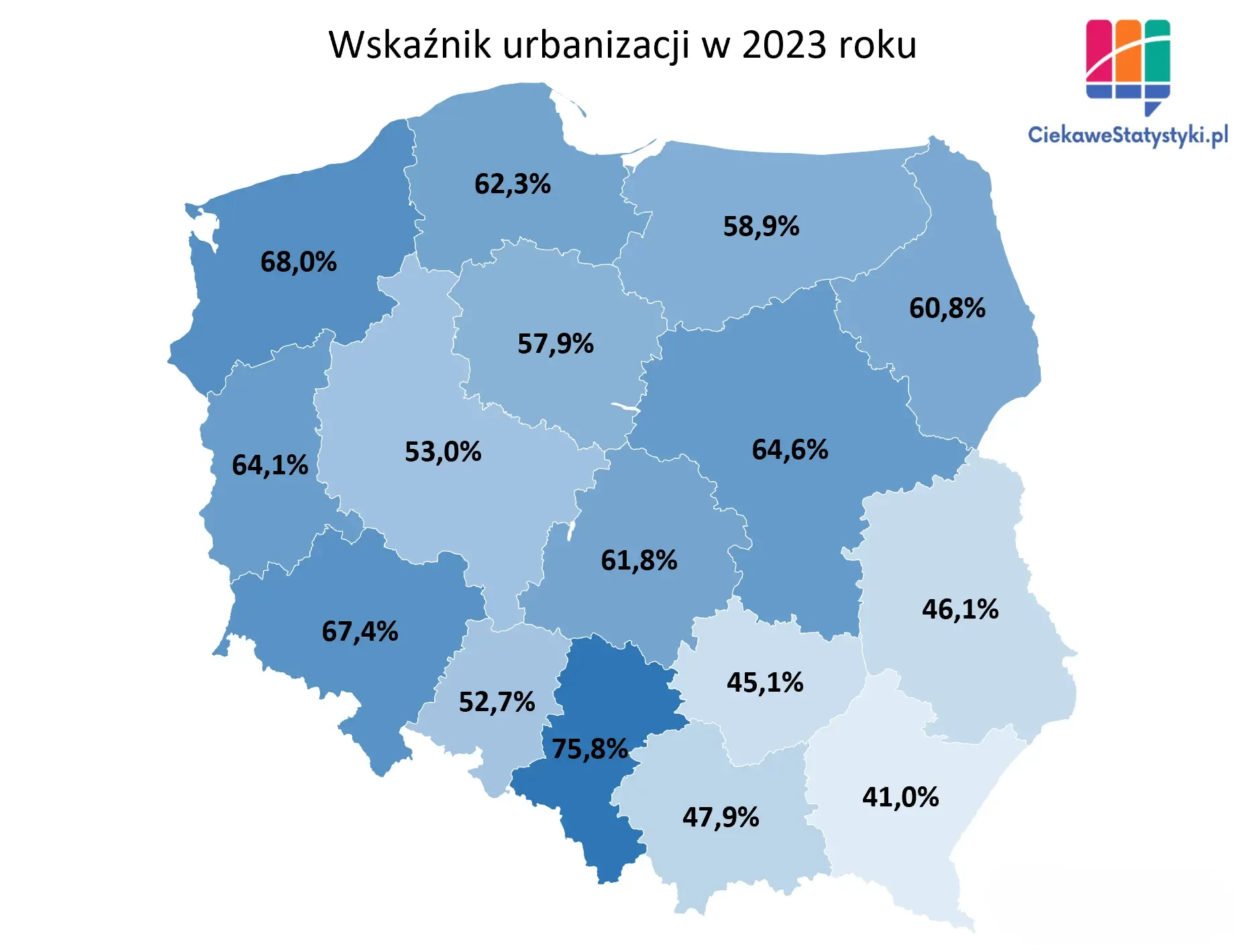 Wskaźnik urbanizacji w Polsce wg województw Mapa Polski przedstawia wskaźnik urbanizacji w podziale na województwa