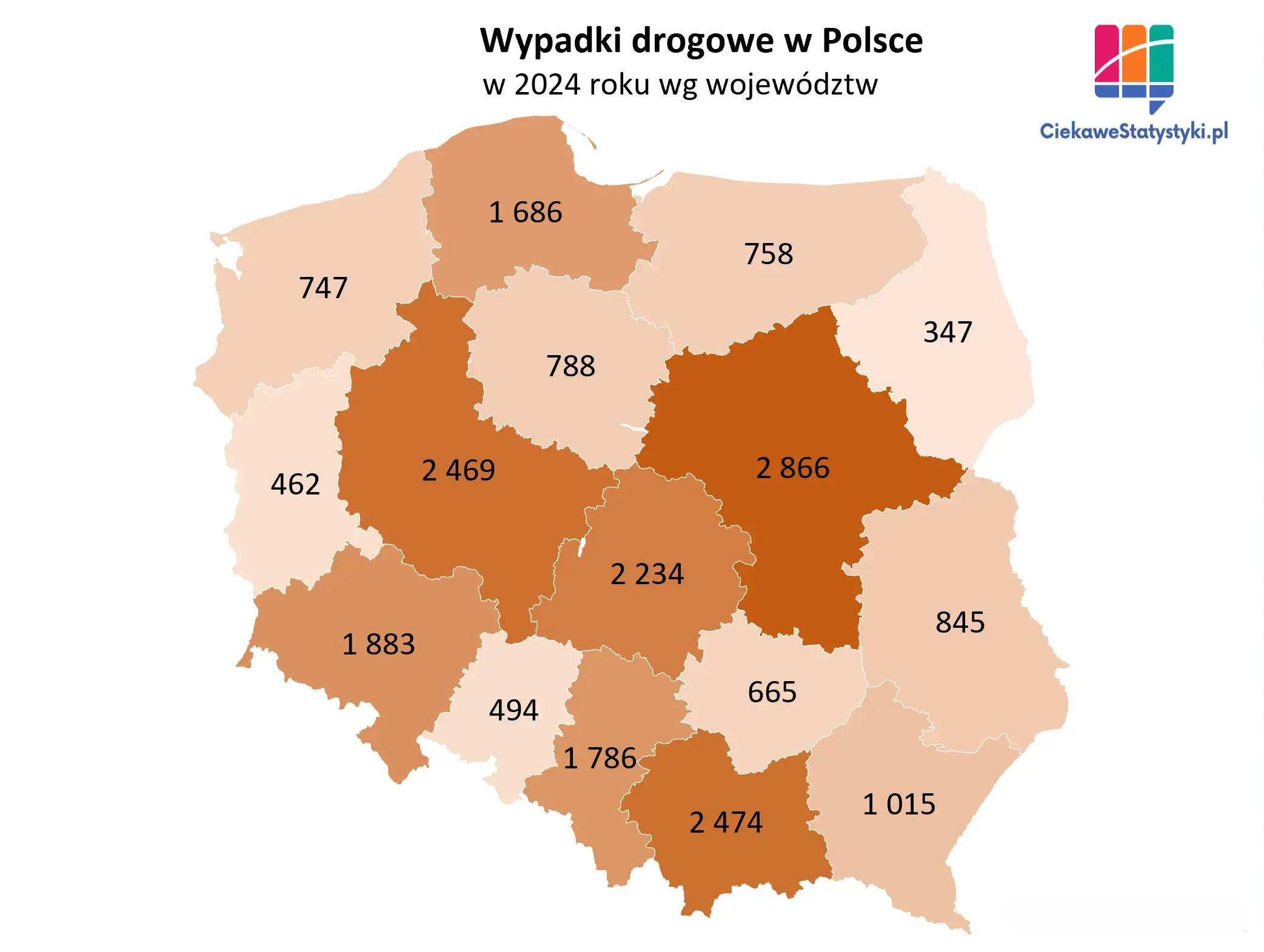 Mapa pokazuje, gdzie w Polsce doszło do największej liczby wypadków drogowych, a gdzie wypadków drogowych było najmniej