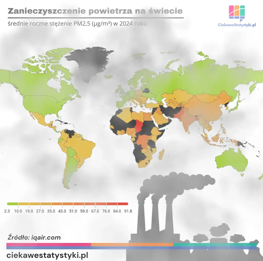 Mapa świata przedstawia zanieczyszczenie powietrza wg średniego stężenia PM2,5