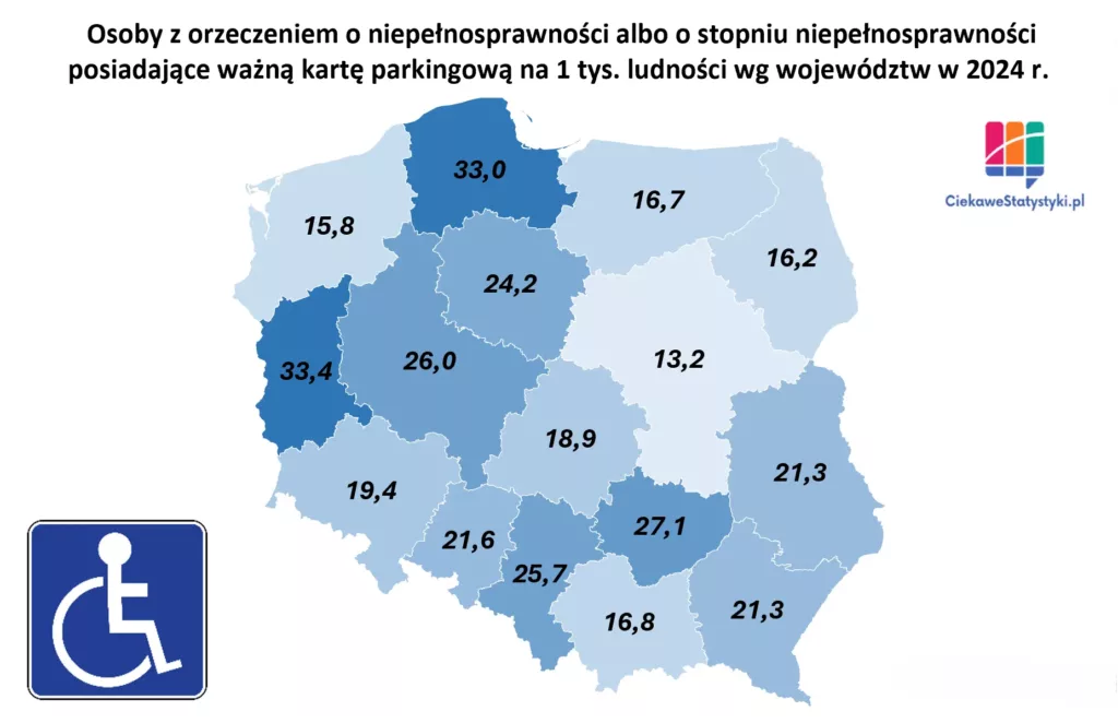 Mapa pokazuje liczbę osób niepełnosprawnych z orzeczeniem posiadających kartę parkingową w przeliczeniu na tysiąc mieszkańców w podziale na województwa na podstawie danych GUS
