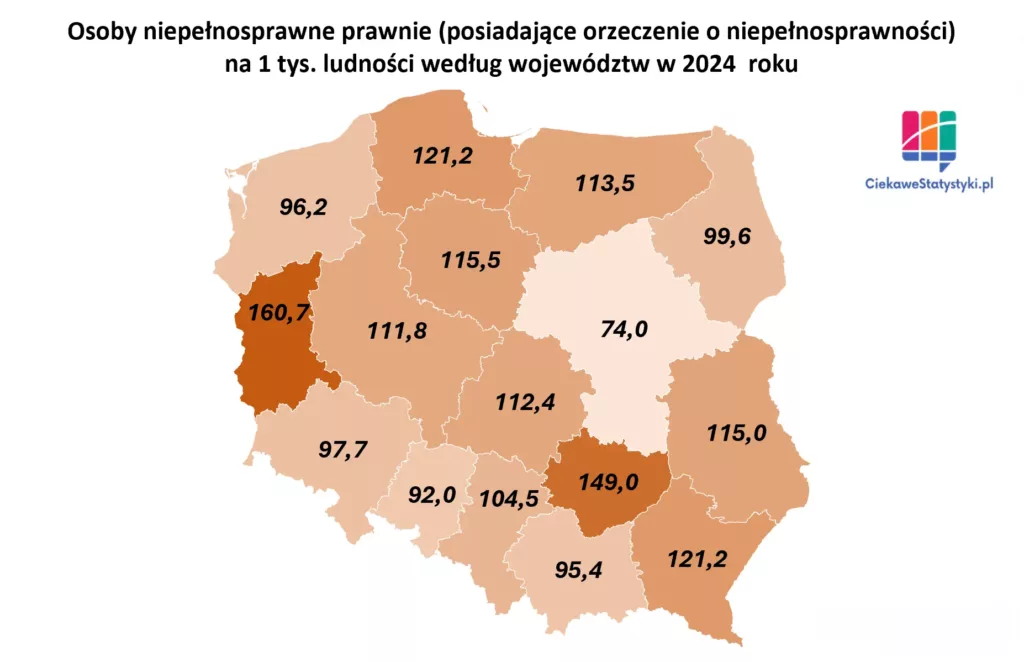 Osoby niepełnosprawne w Polsce w przeliczeniu na 1000 ludności i w podziale na województwa wg danych GUS pokazane na mapie