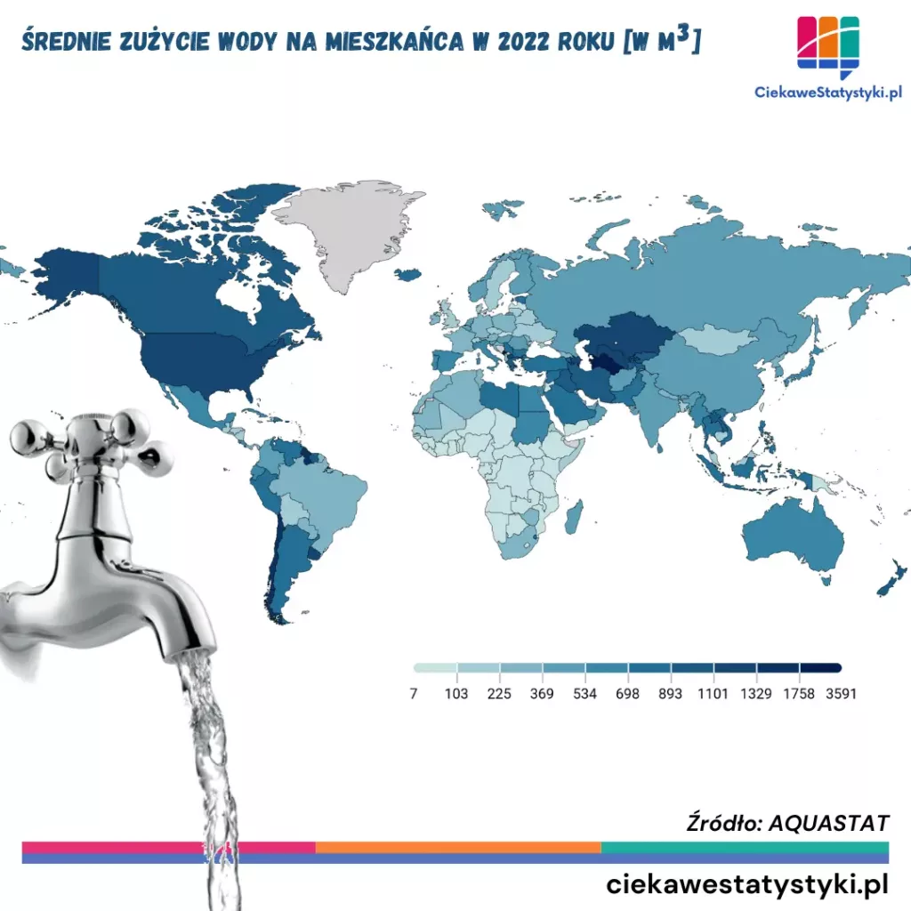Mapa przedstawia średnie zużycie wody na świecie na podstawie danych AQUASTAT, czyli pokazuje, które kraje zużywają najwięcej wody na osobę