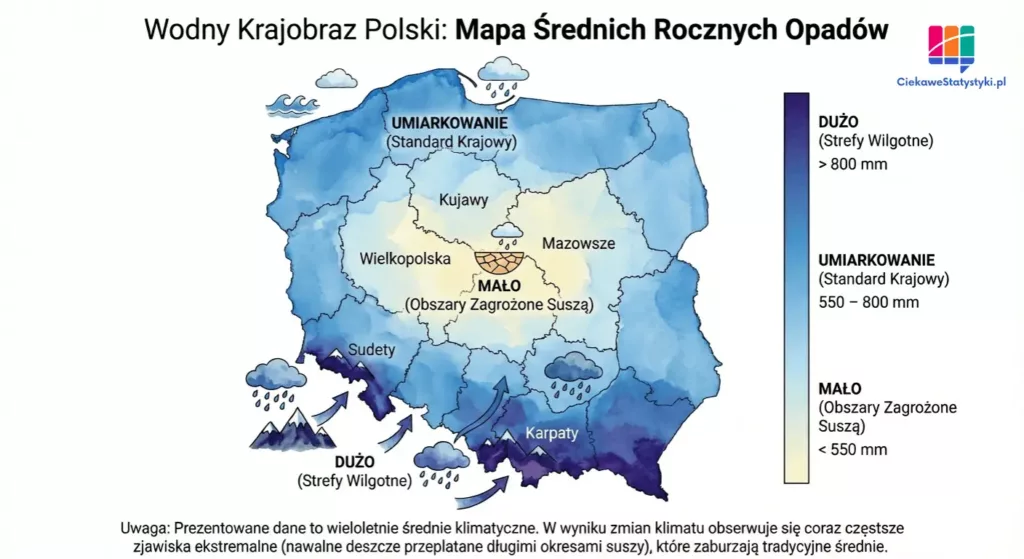Mapa przedstawia obszary Polski z największym i najmniejszym opadem na podstawie danych IMGW, czyli pokazuje, gdzie w Polsce pada najwięcej deszczu i śniegu